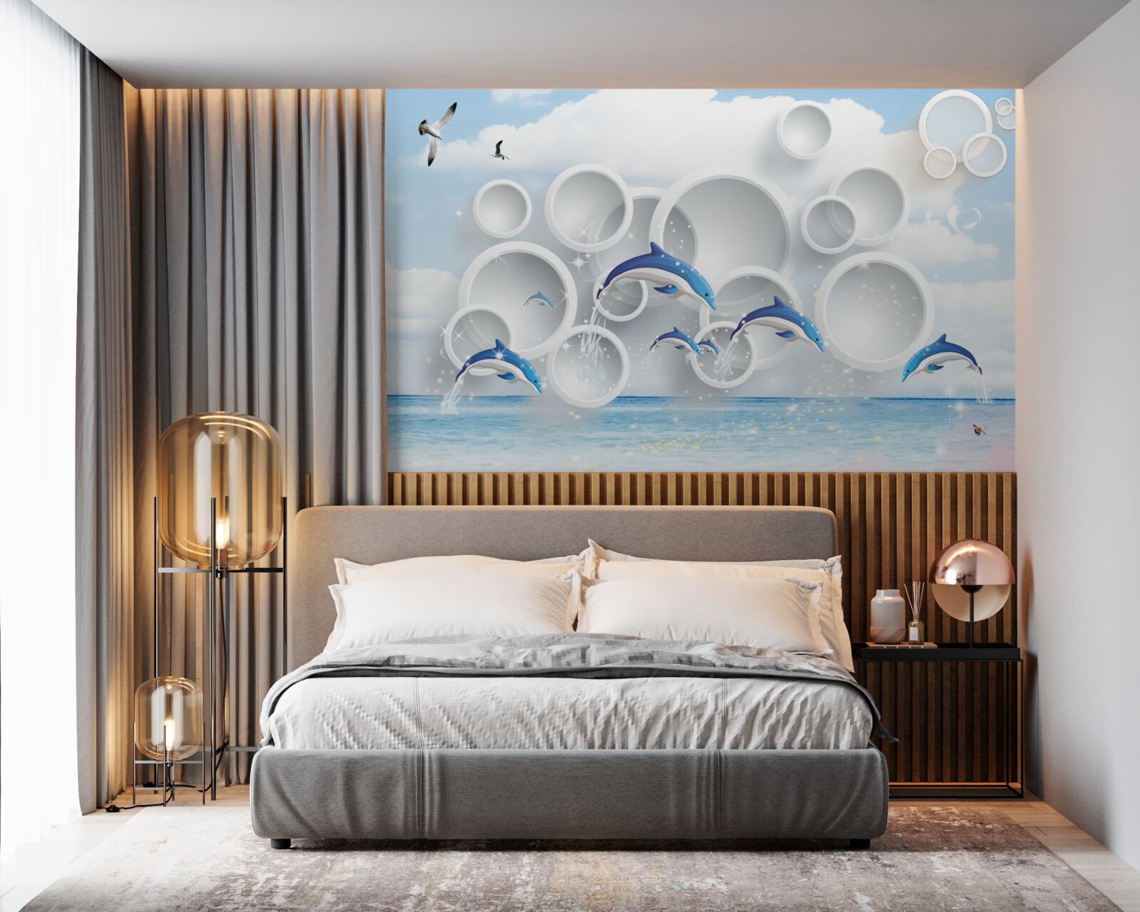 Fototapeta abstraktné prstene a delfíny skákajúce po vodnej hladine