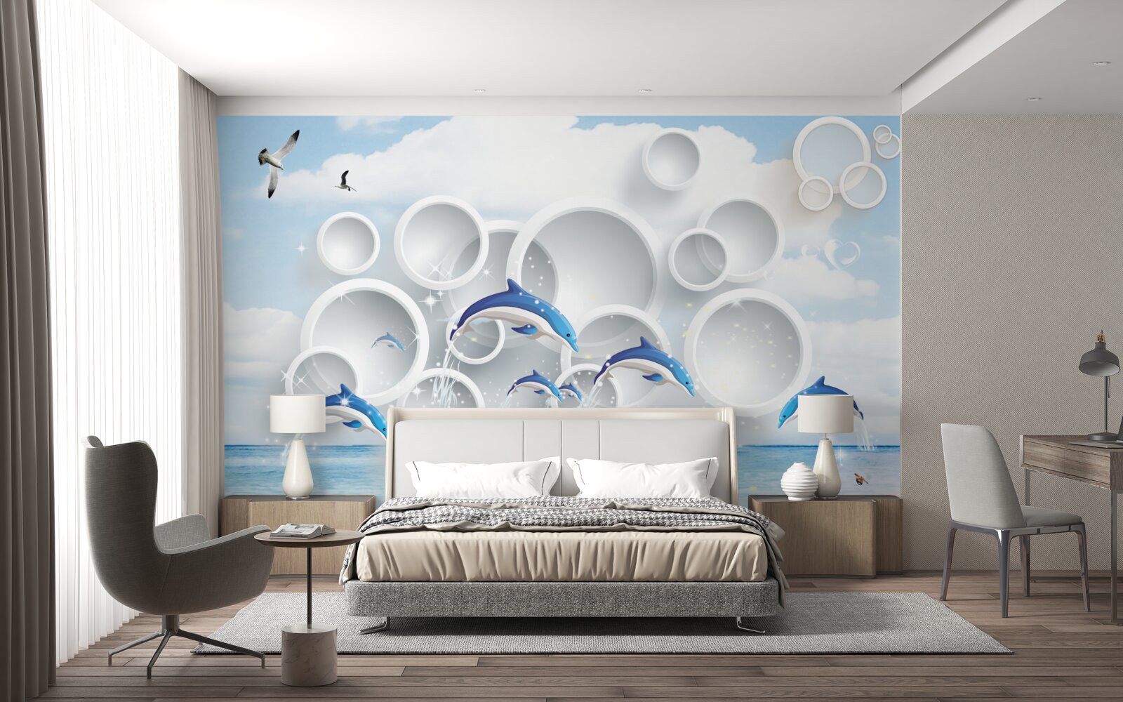 Fototapeta abstraktné prstene a delfíny skákajúce po vodnej hladine