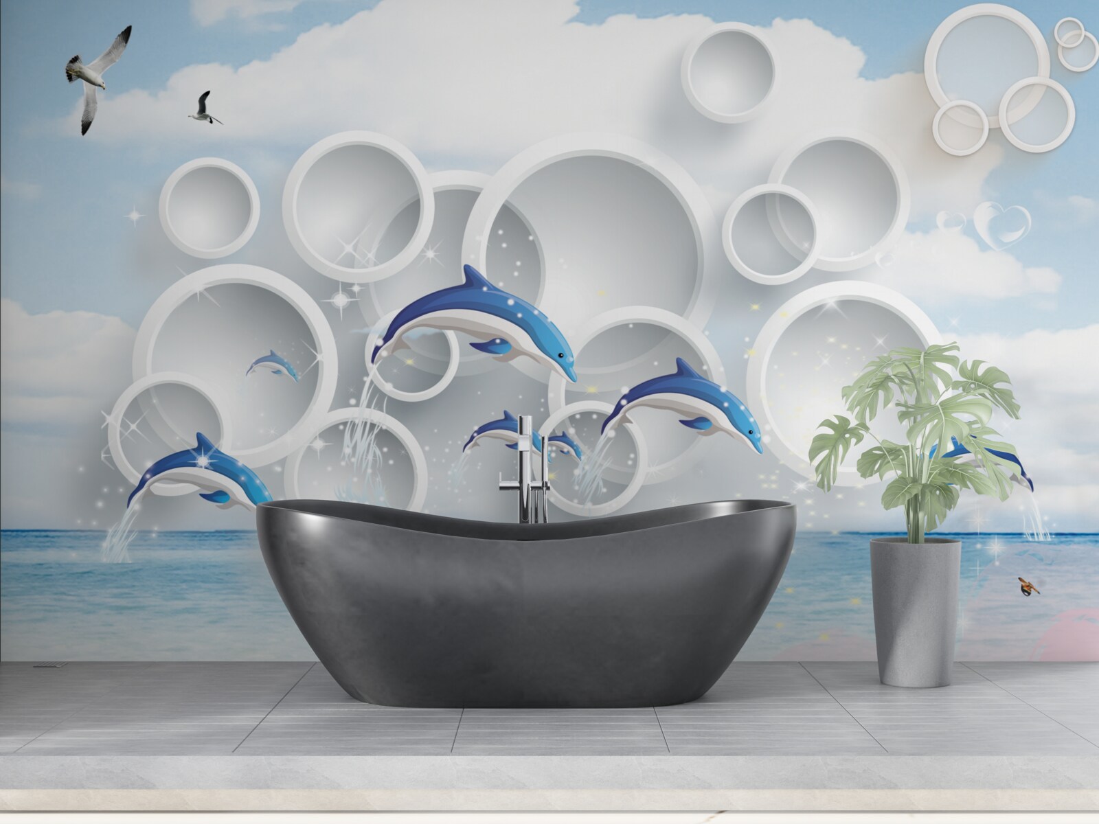 Fototapeta abstraktné prstene a delfíny skákajúce po vodnej hladine