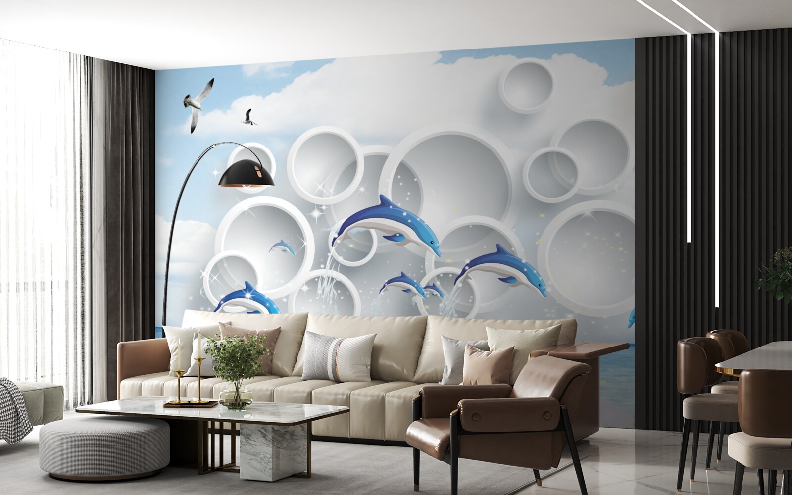 Fototapeta abstraktné prstene a delfíny skákajúce po vodnej hladine