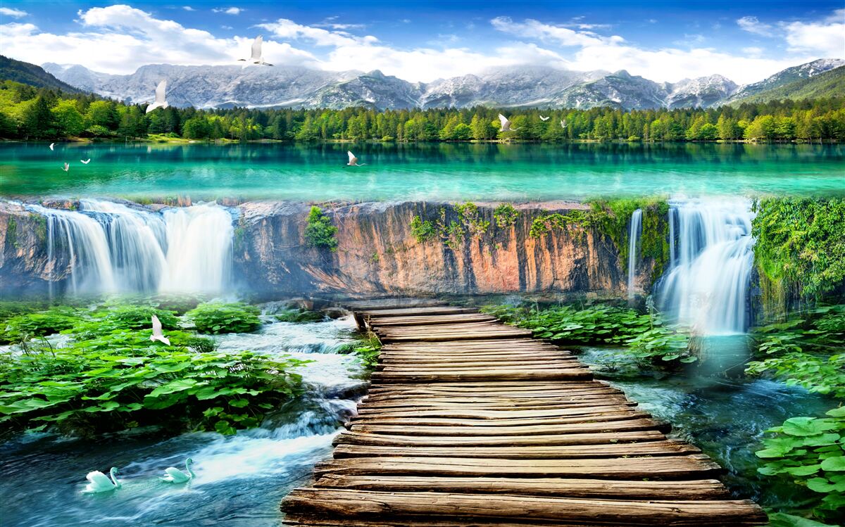 Fototapeta drevený most vedúci k úpätiu vodopádu