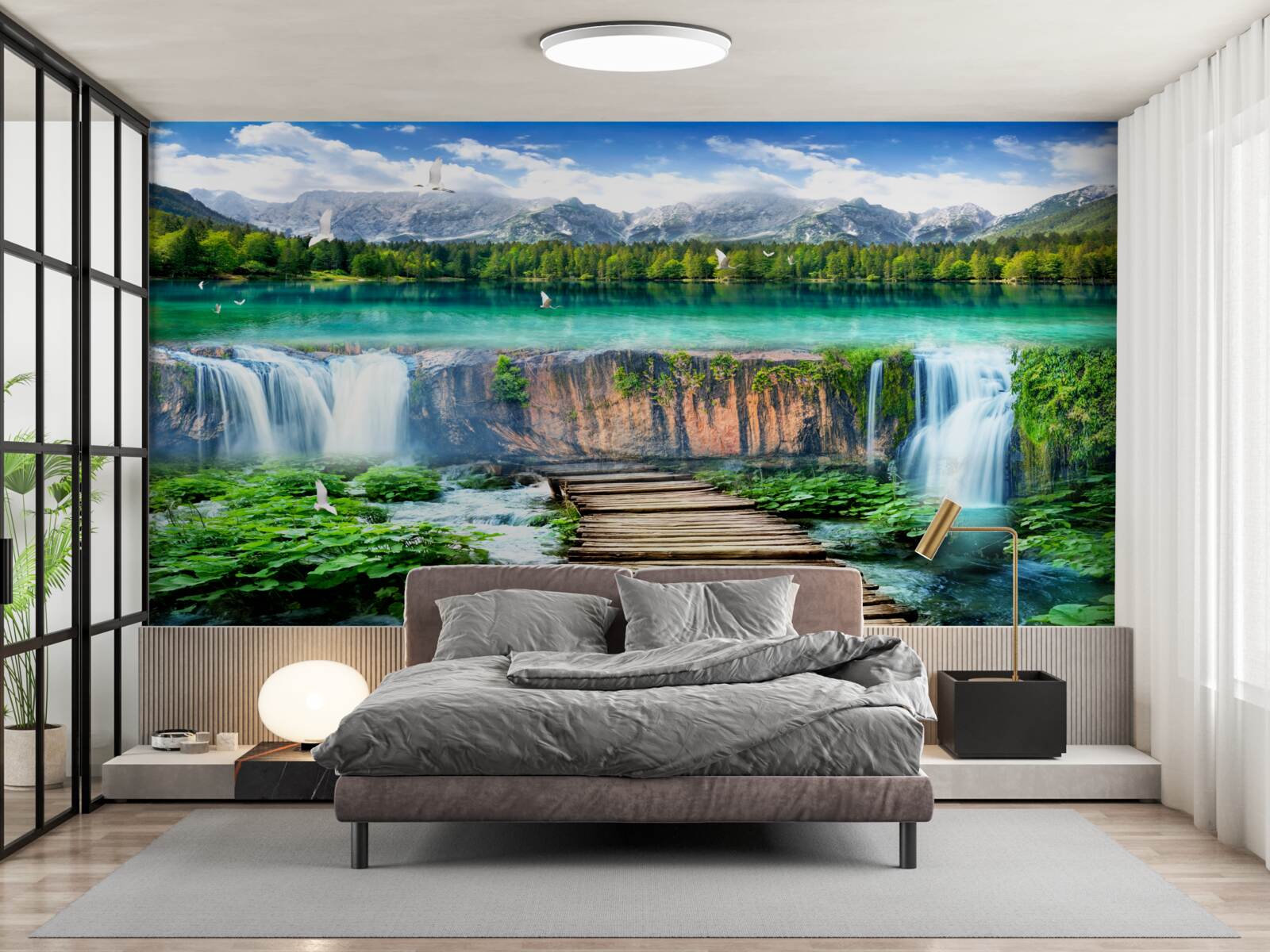 Fototapeta drevený most vedúci k úpätiu vodopádu