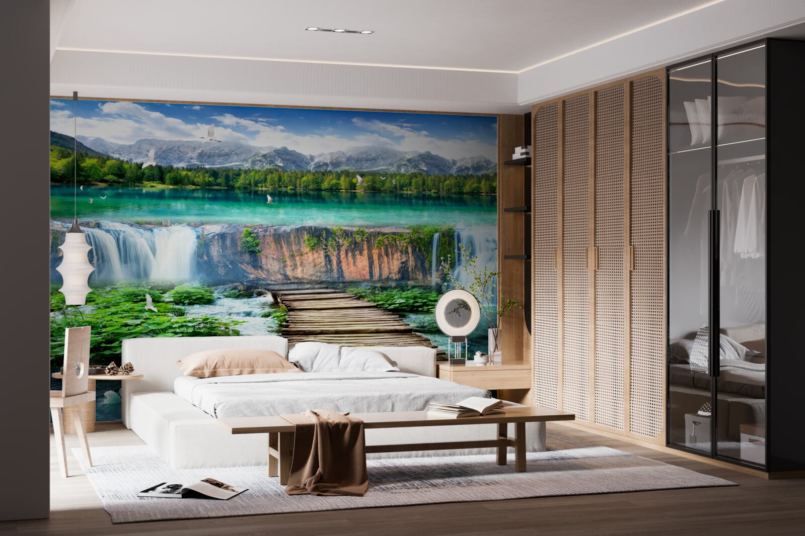 Fototapeta drevený most vedúci k úpätiu vodopádu