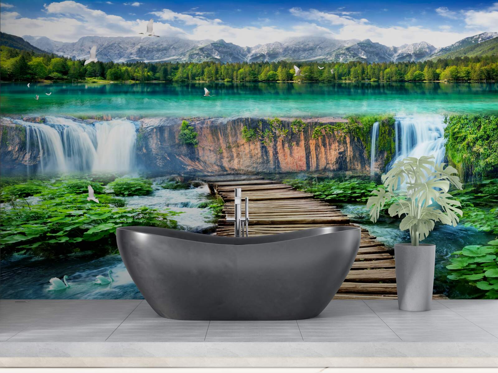 Fototapeta drevený most vedúci k úpätiu vodopádu