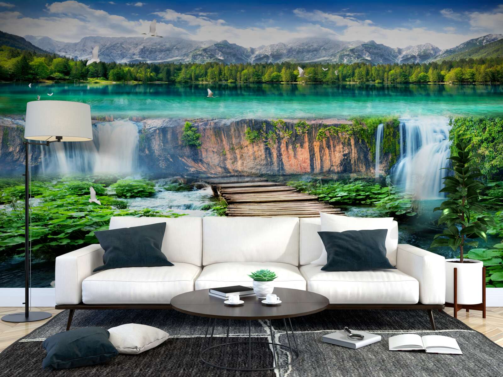 Fototapeta drevený most vedúci k úpätiu vodopádu