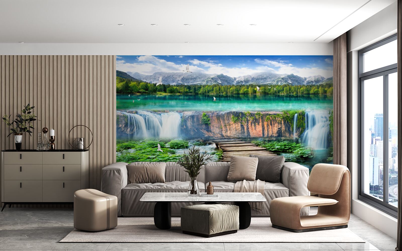 Fototapeta drevený most vedúci k úpätiu vodopádu