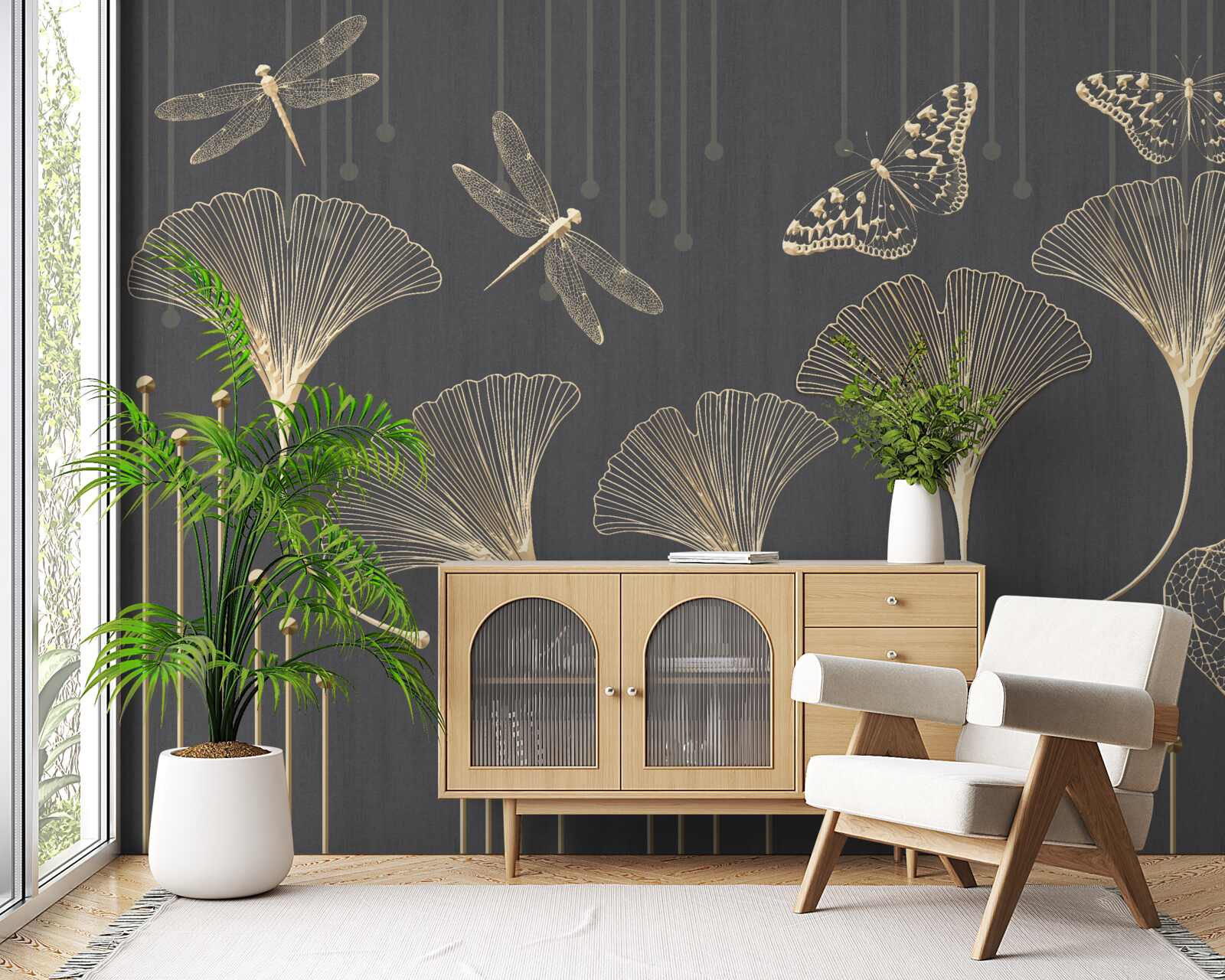 Fototapeta naopak, zvislé čiary sa zbiehajú na sivom pozadí