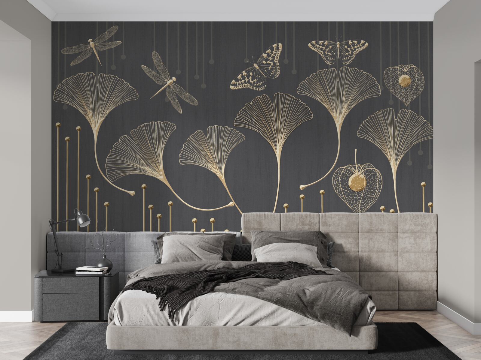 Fototapeta naopak, zvislé čiary sa zbiehajú na sivom pozadí