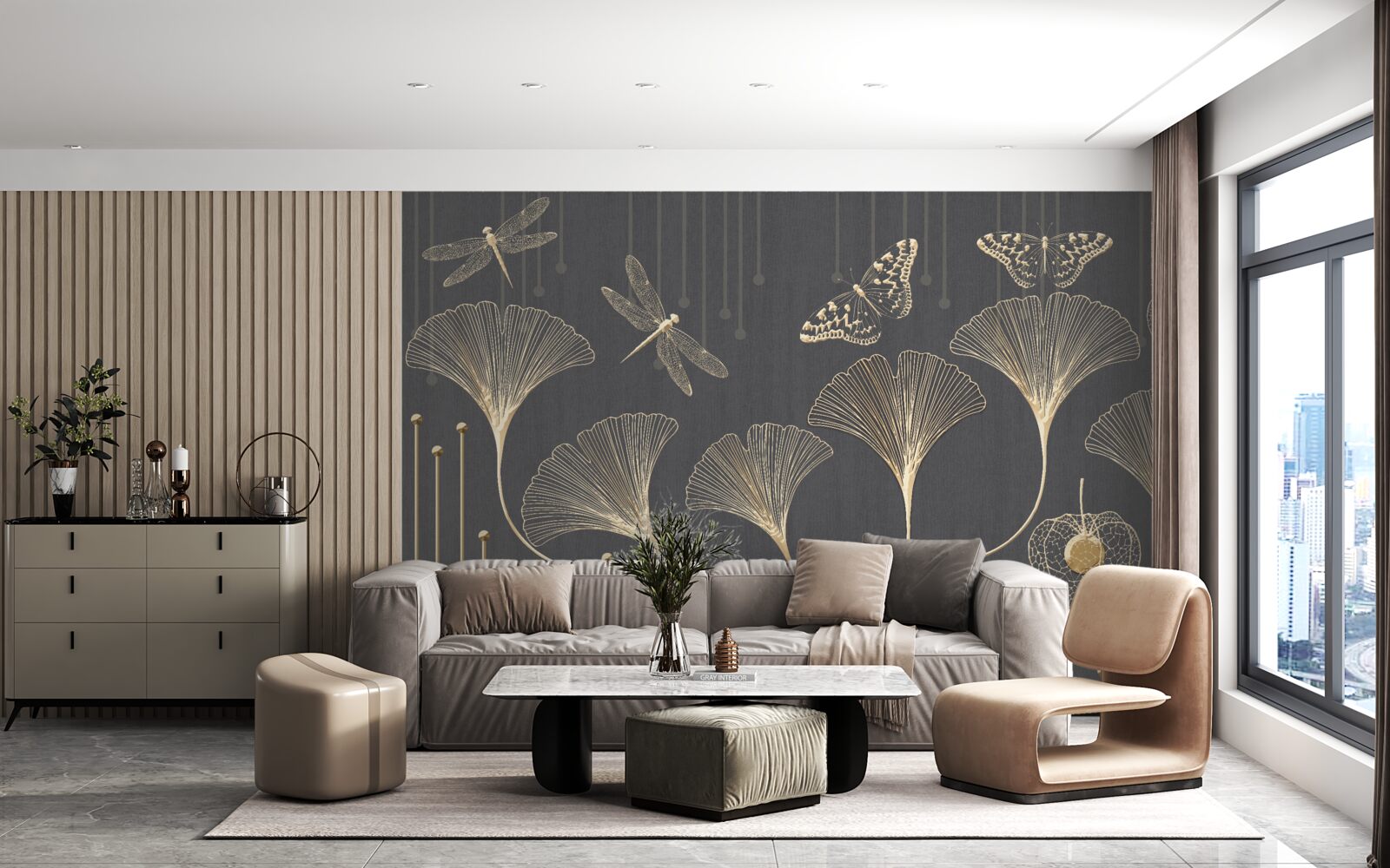 Fototapeta naopak, zvislé čiary sa zbiehajú na sivom pozadí