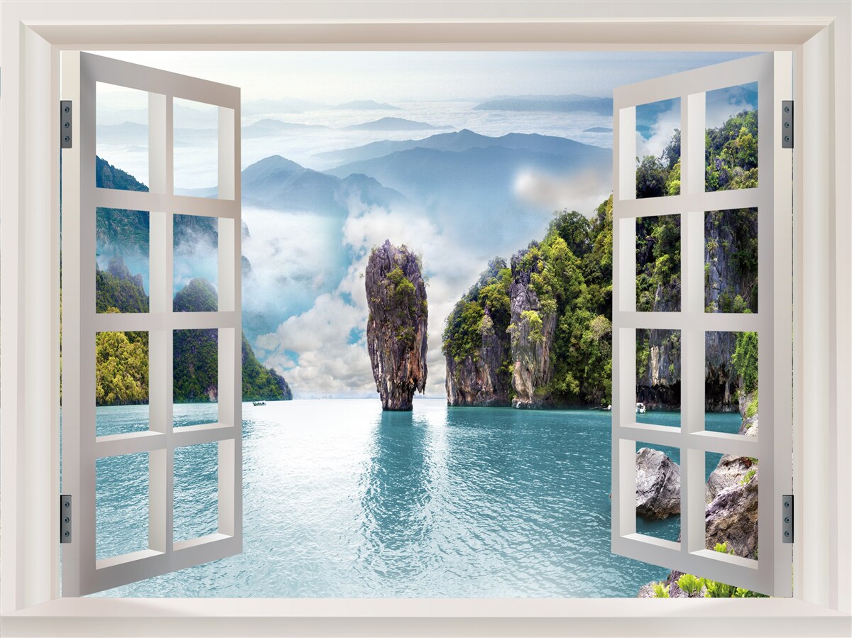 Fototapeta okno s výhľadom na krajinu skál a pokojné morské priestory