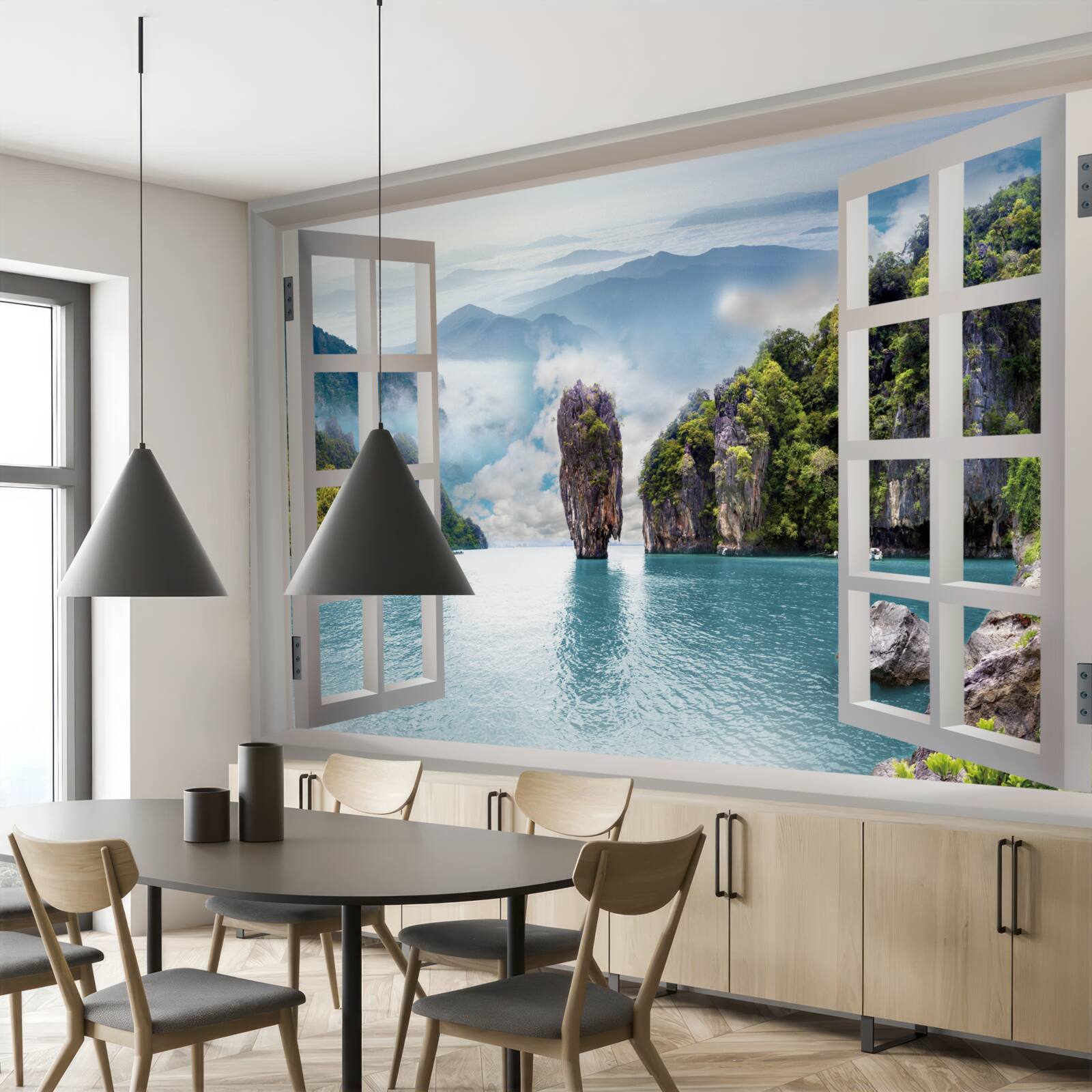 Fototapeta okno s výhľadom na krajinu skál a pokojné morské priestory