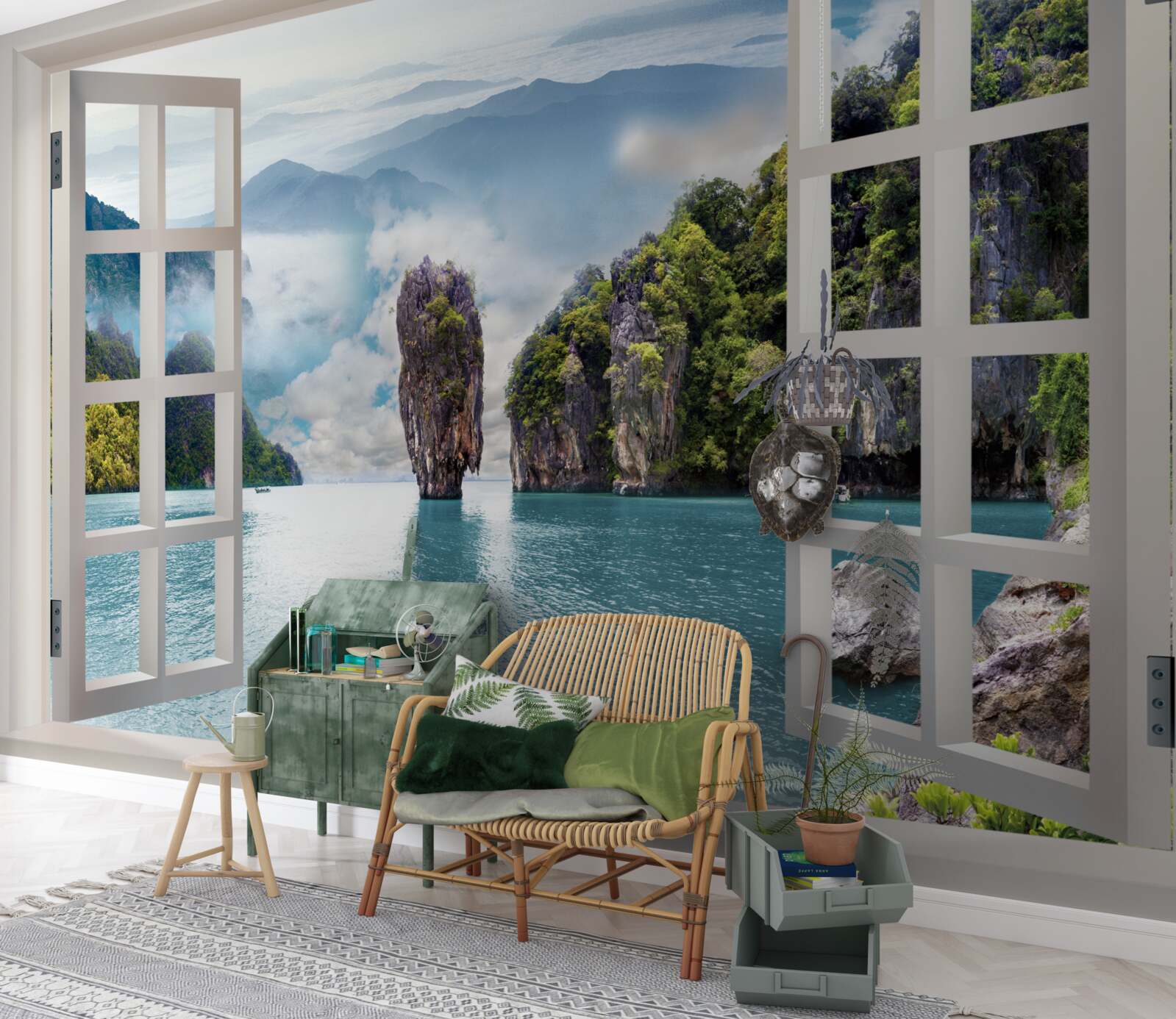 Fototapeta okno s výhľadom na krajinu skál a pokojné morské priestory