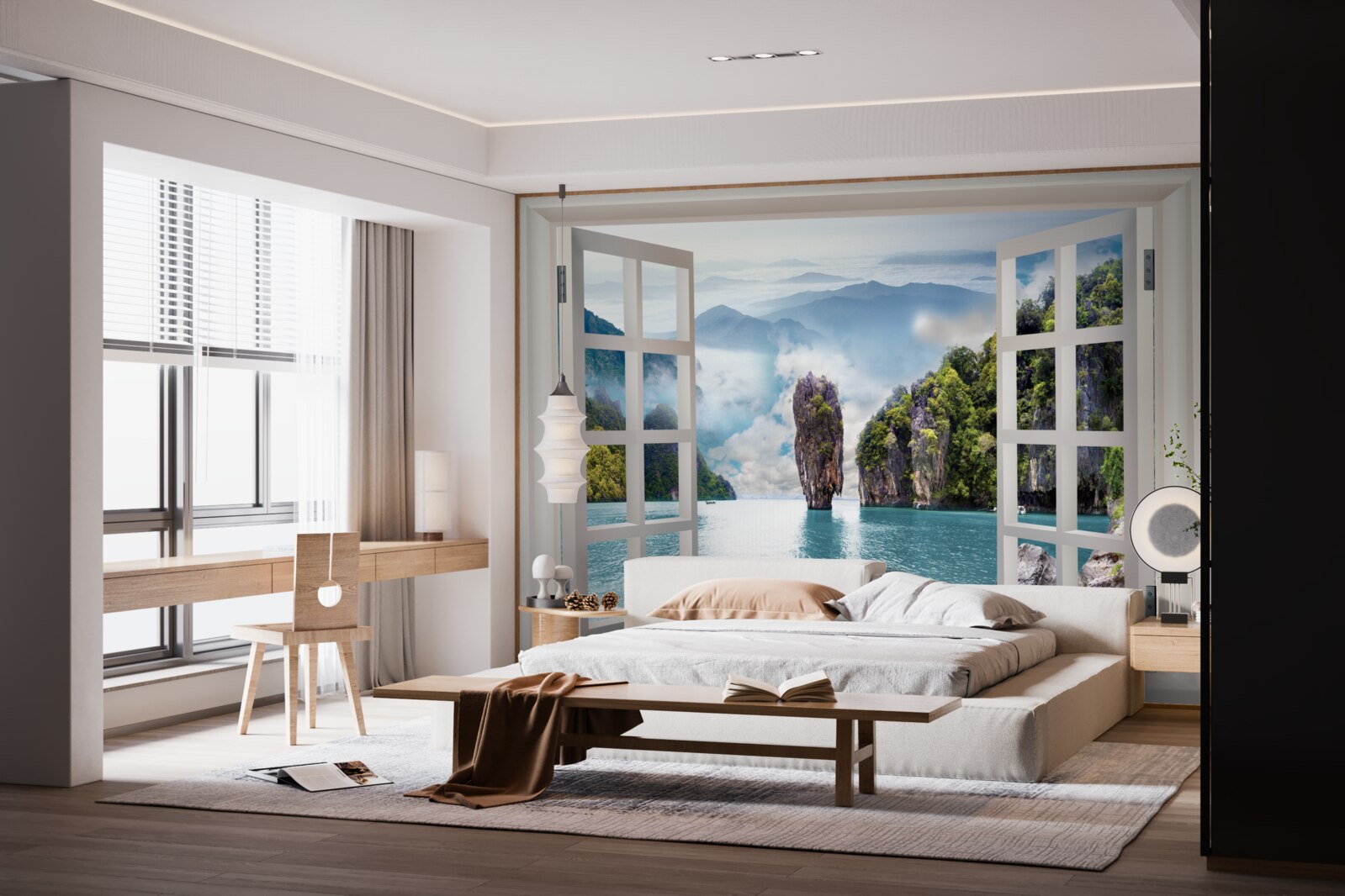 Fototapeta okno s výhľadom na krajinu skál a pokojné morské priestory