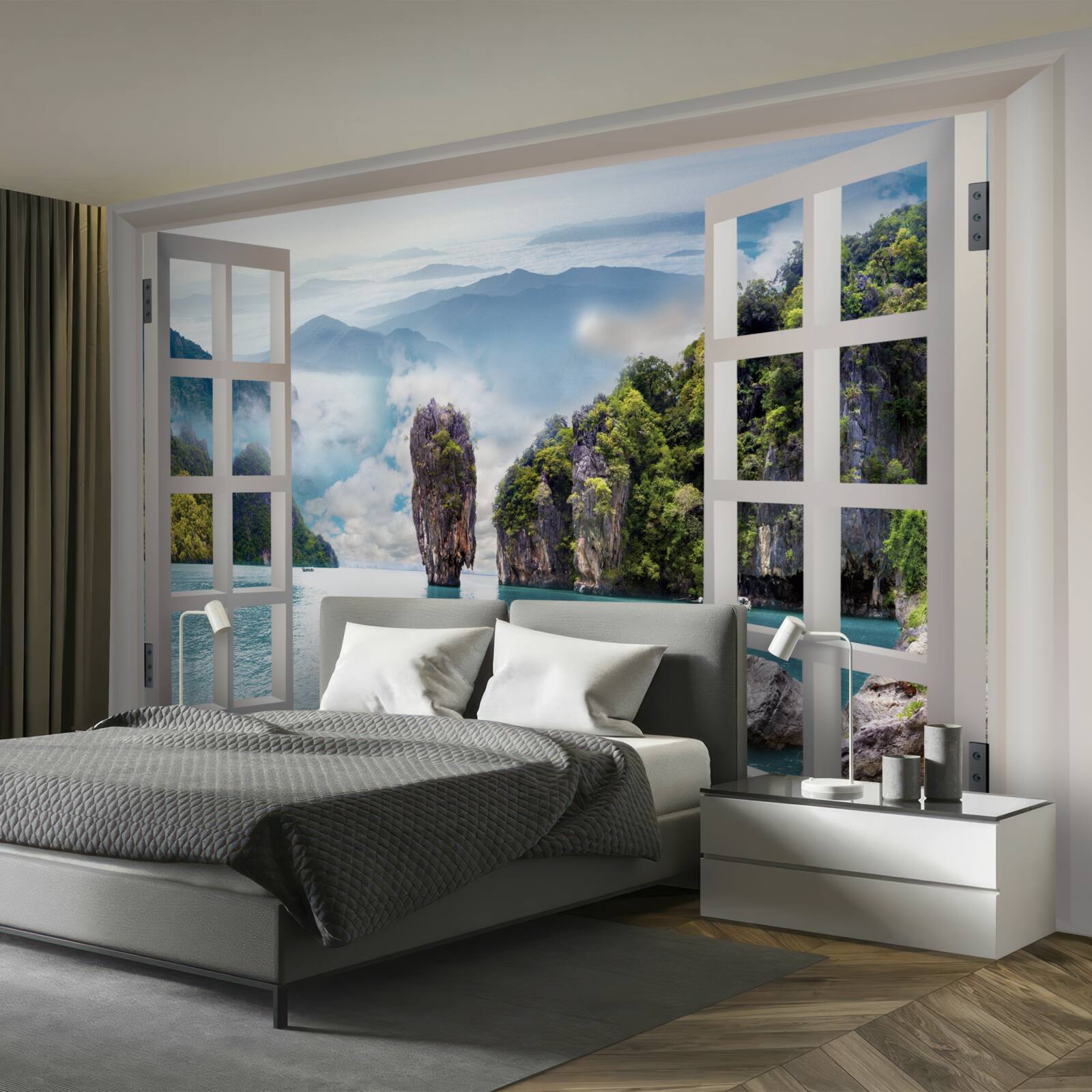 Fototapeta okno s výhľadom na krajinu skál a pokojné morské priestory