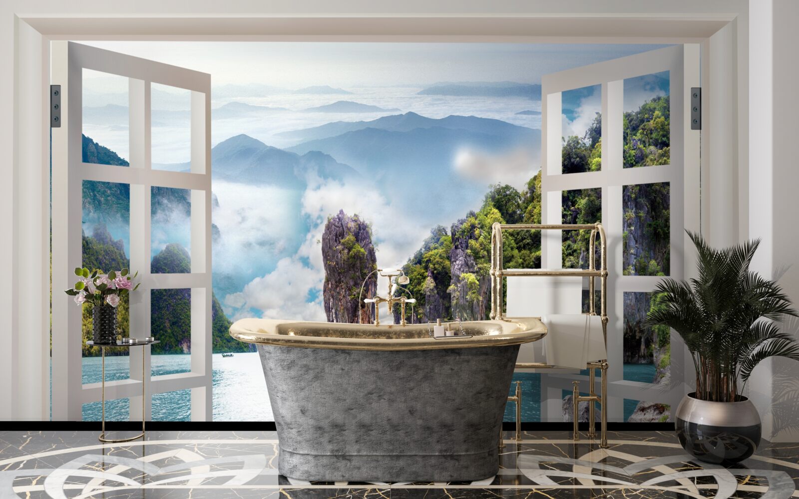 Fototapeta okno s výhľadom na krajinu skál a pokojné morské priestory