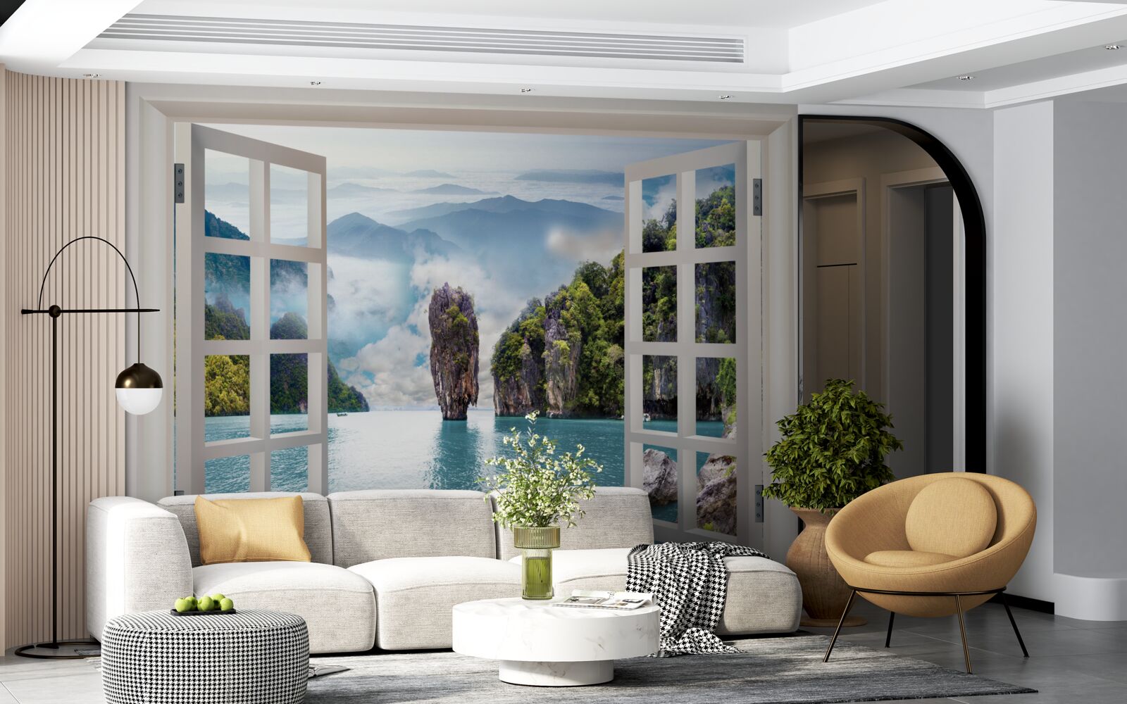 Fototapeta okno s výhľadom na krajinu skál a pokojné morské priestory