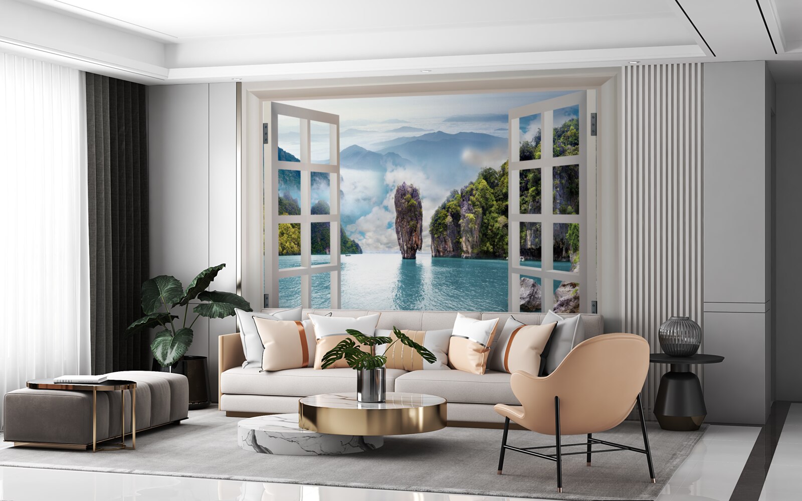 Fototapeta okno s výhľadom na krajinu skál a pokojné morské priestory