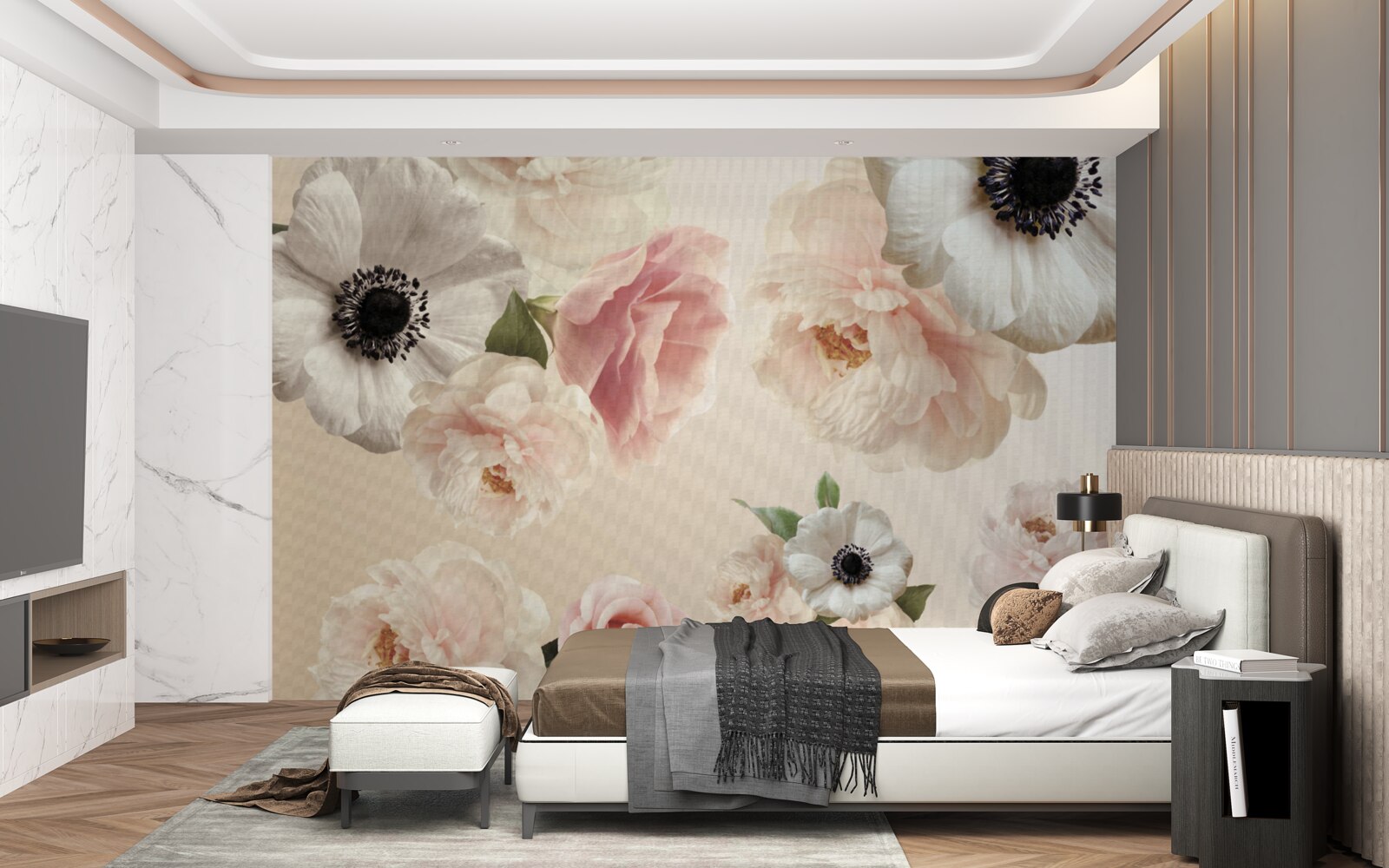 Fototapeta ružová ruža s bielym makom