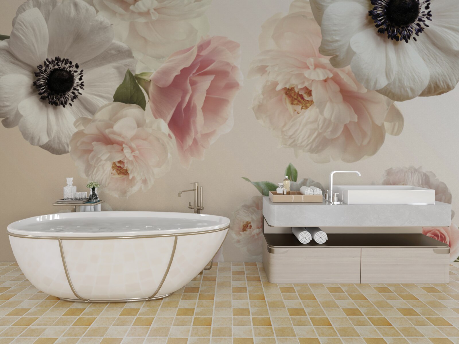 Fototapeta ružová ruža s bielym makom