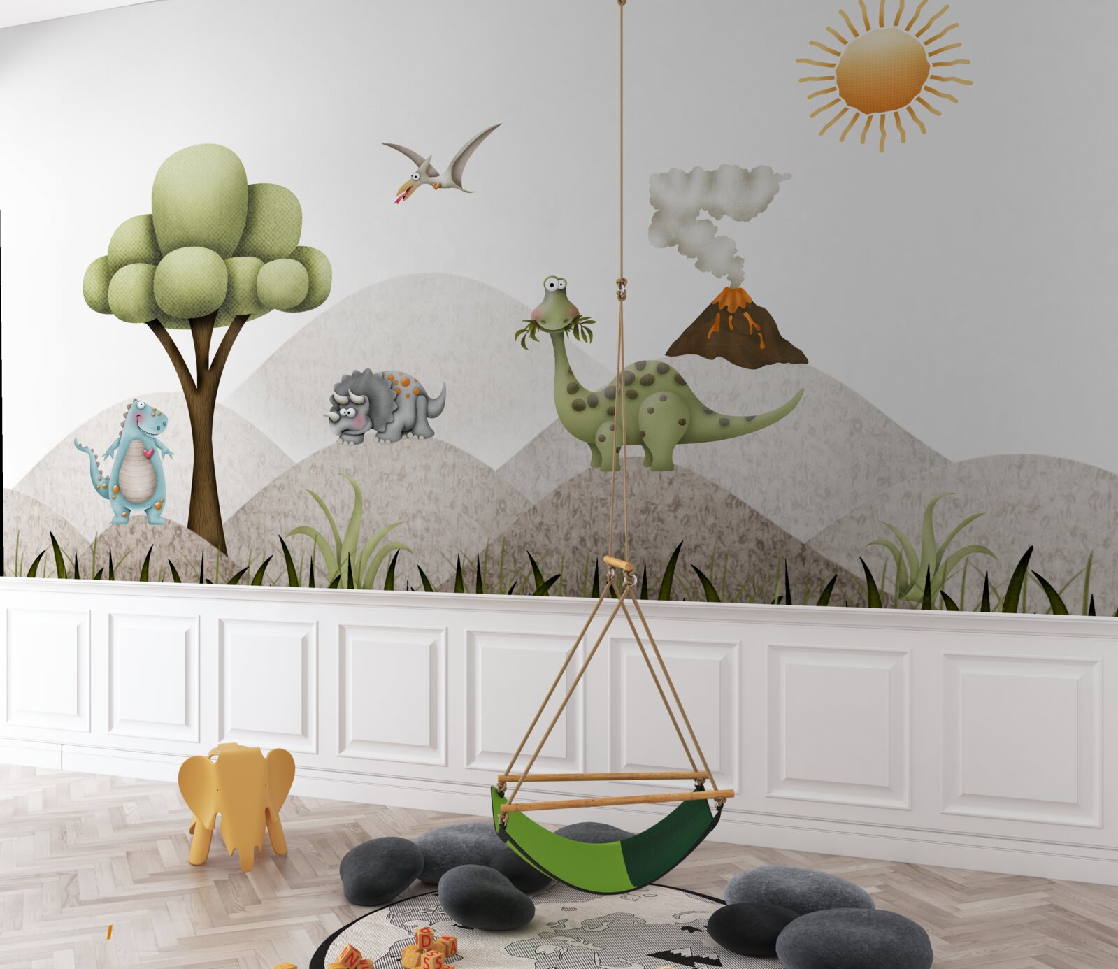 Fototapeta dinosaury kráčajú vedľa sopky