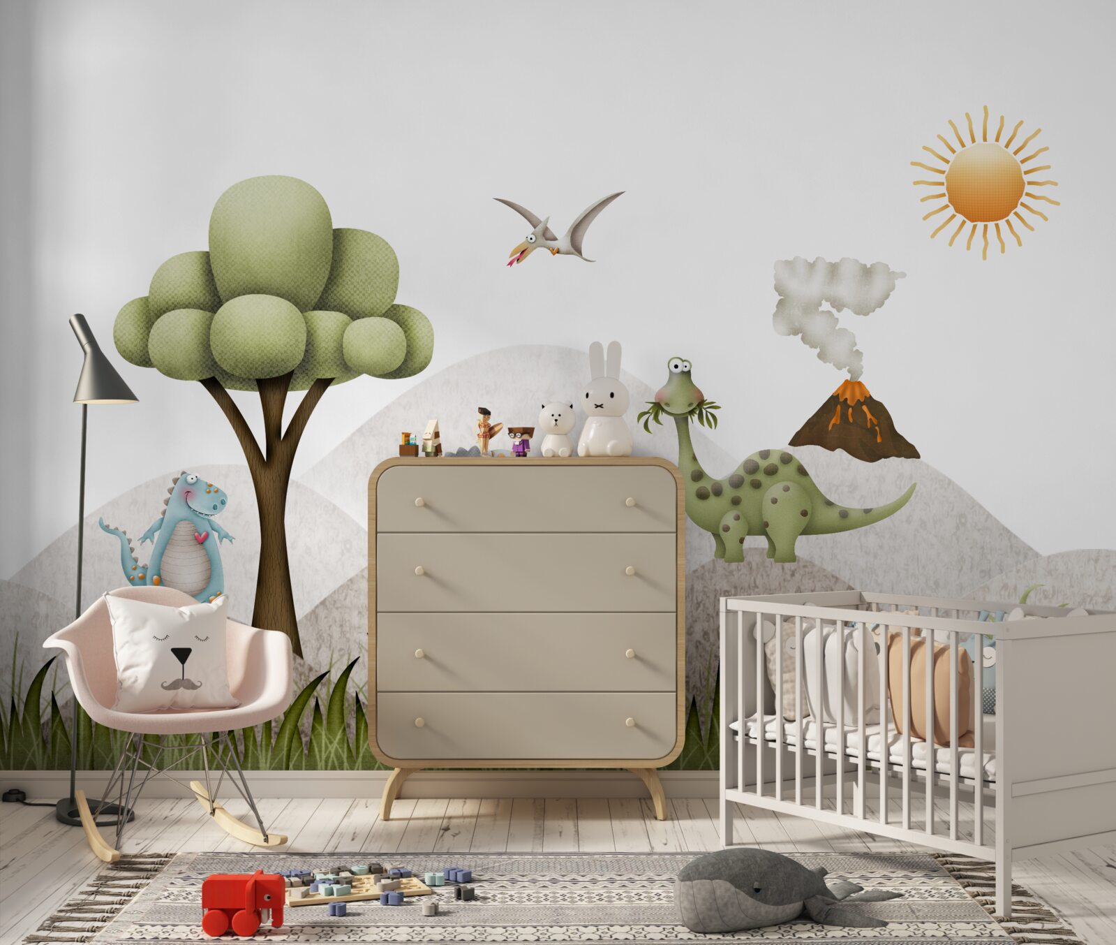 Fototapeta dinosaury kráčajú vedľa sopky