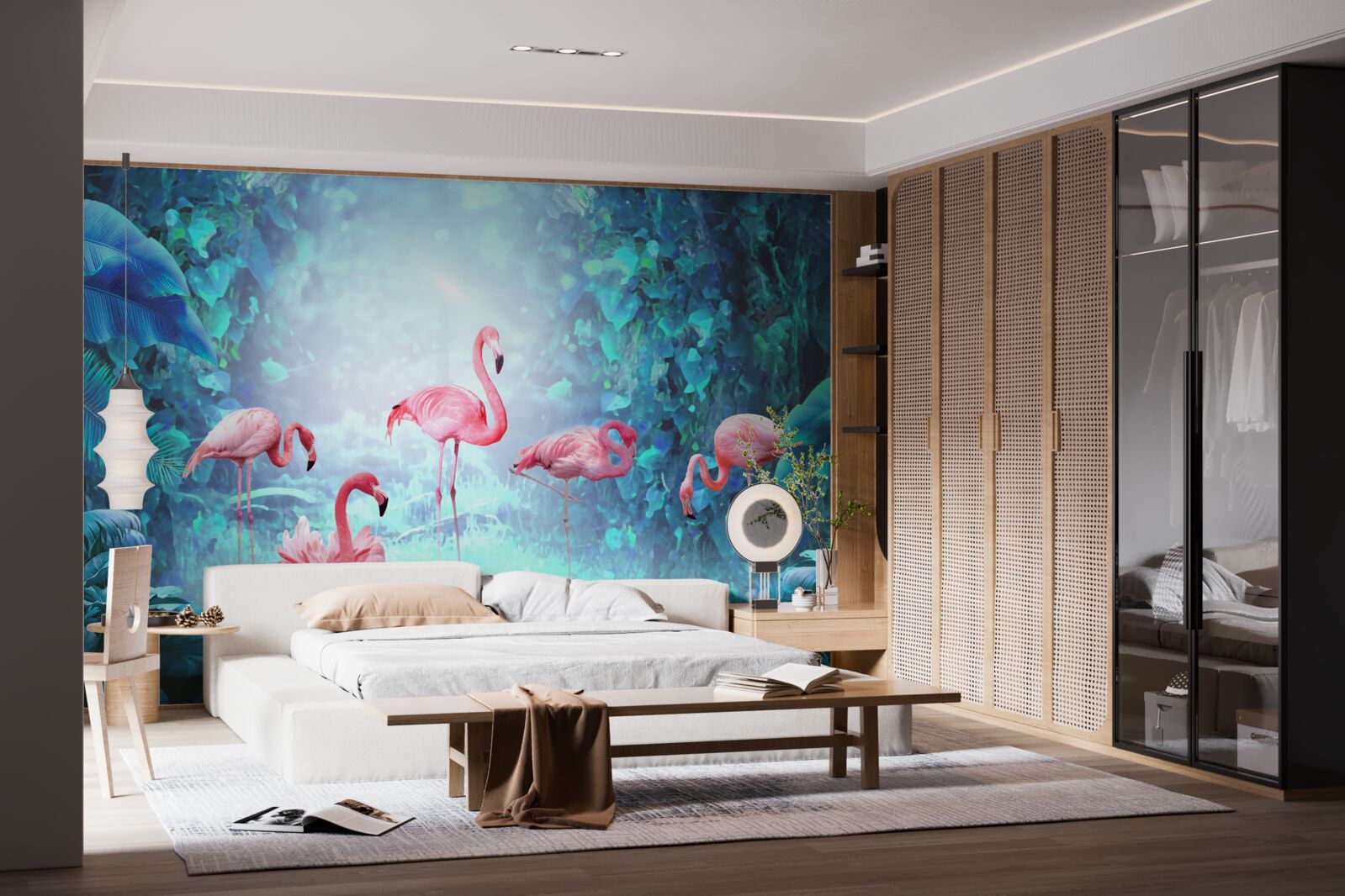 Fototapeta ružové plameniaky v nočných vodách