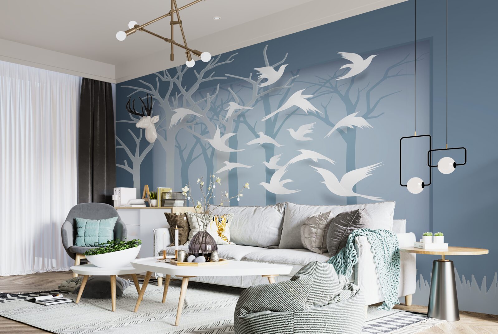 Fototapeta oblohu nad nočnou húštinou križuje skupina ľahkých vtákov