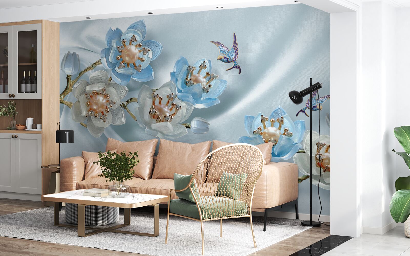 Fototapeta vetvička magnólie zdobená perlami a zlatom na hodvábnom podklade