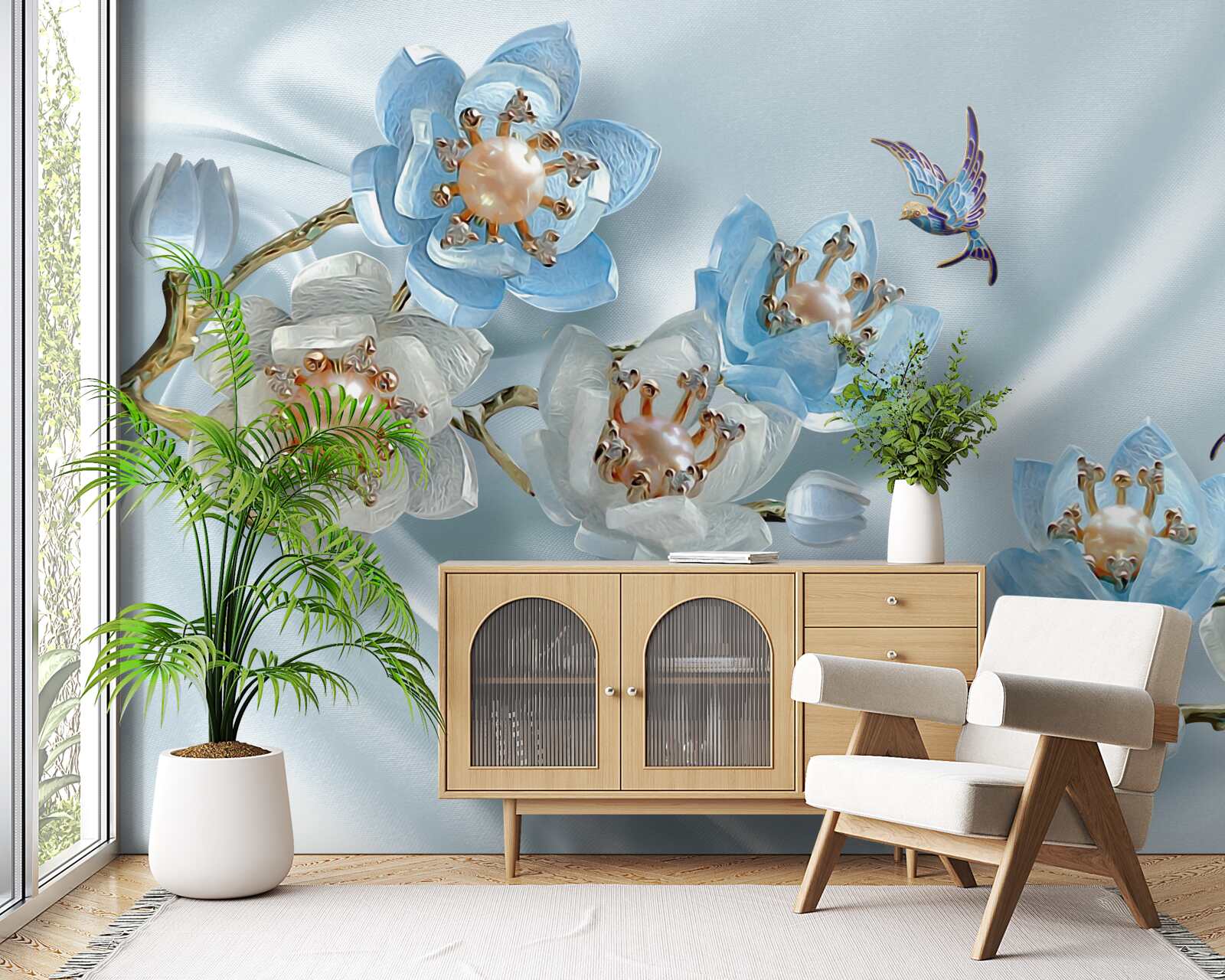 Fototapeta vetvička magnólie zdobená perlami a zlatom na hodvábnom podklade