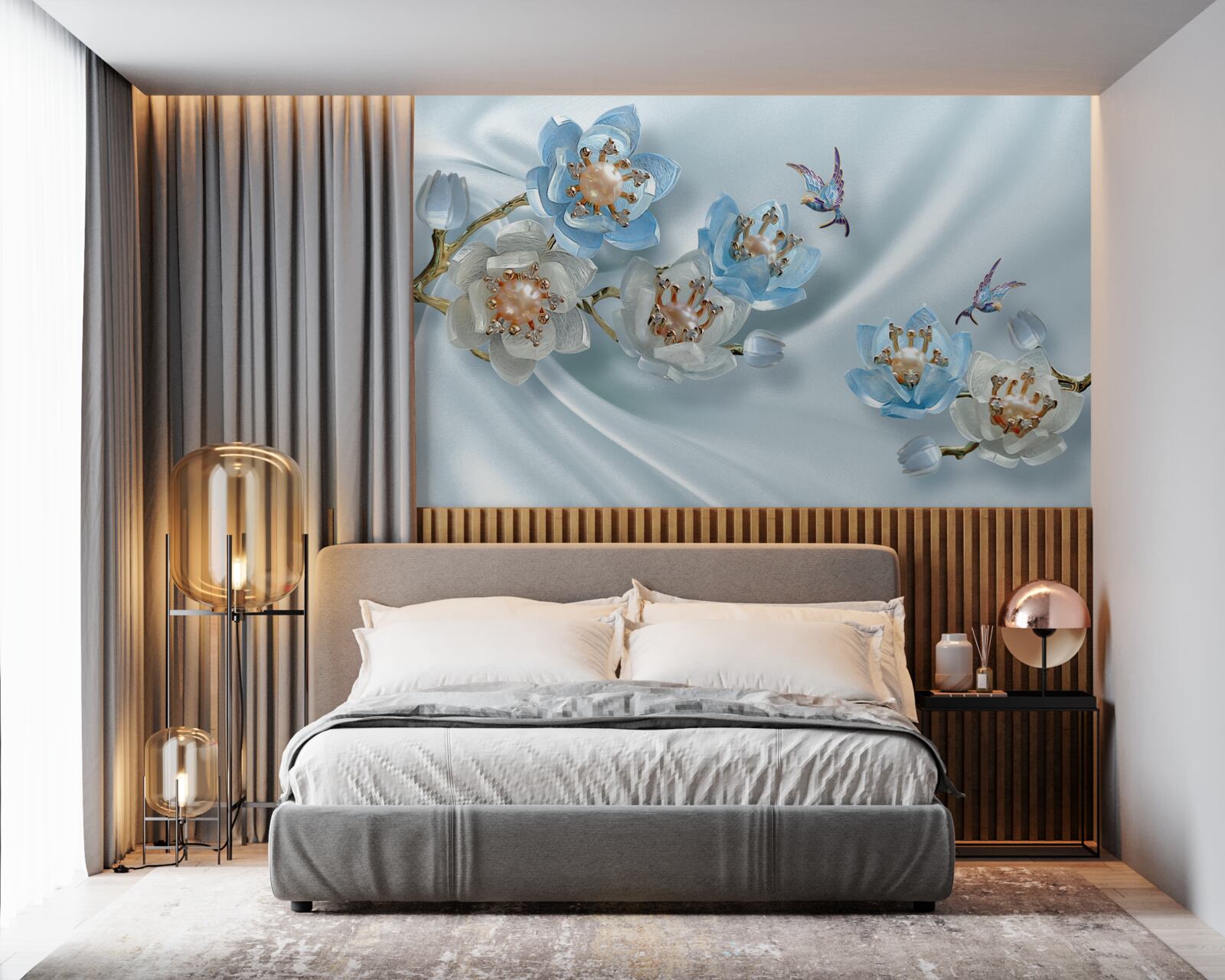 Fototapeta vetvička magnólie zdobená perlami a zlatom na hodvábnom podklade