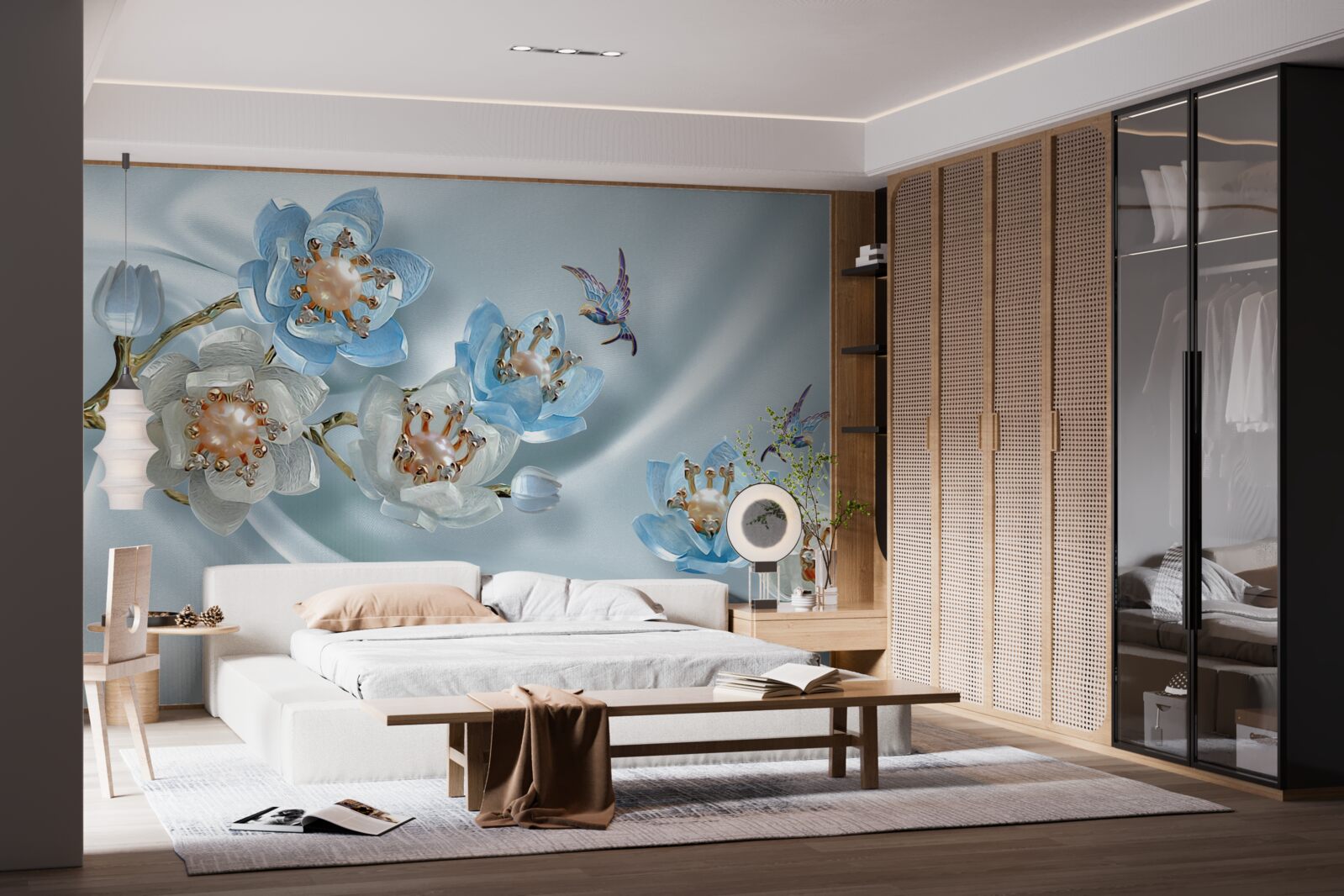 Fototapeta vetvička magnólie zdobená perlami a zlatom na hodvábnom podklade