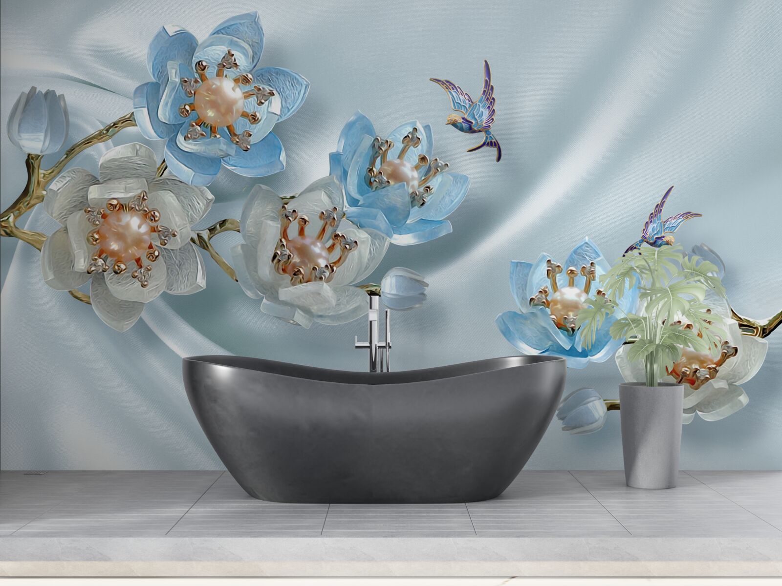 Fototapeta vetvička magnólie zdobená perlami a zlatom na hodvábnom podklade