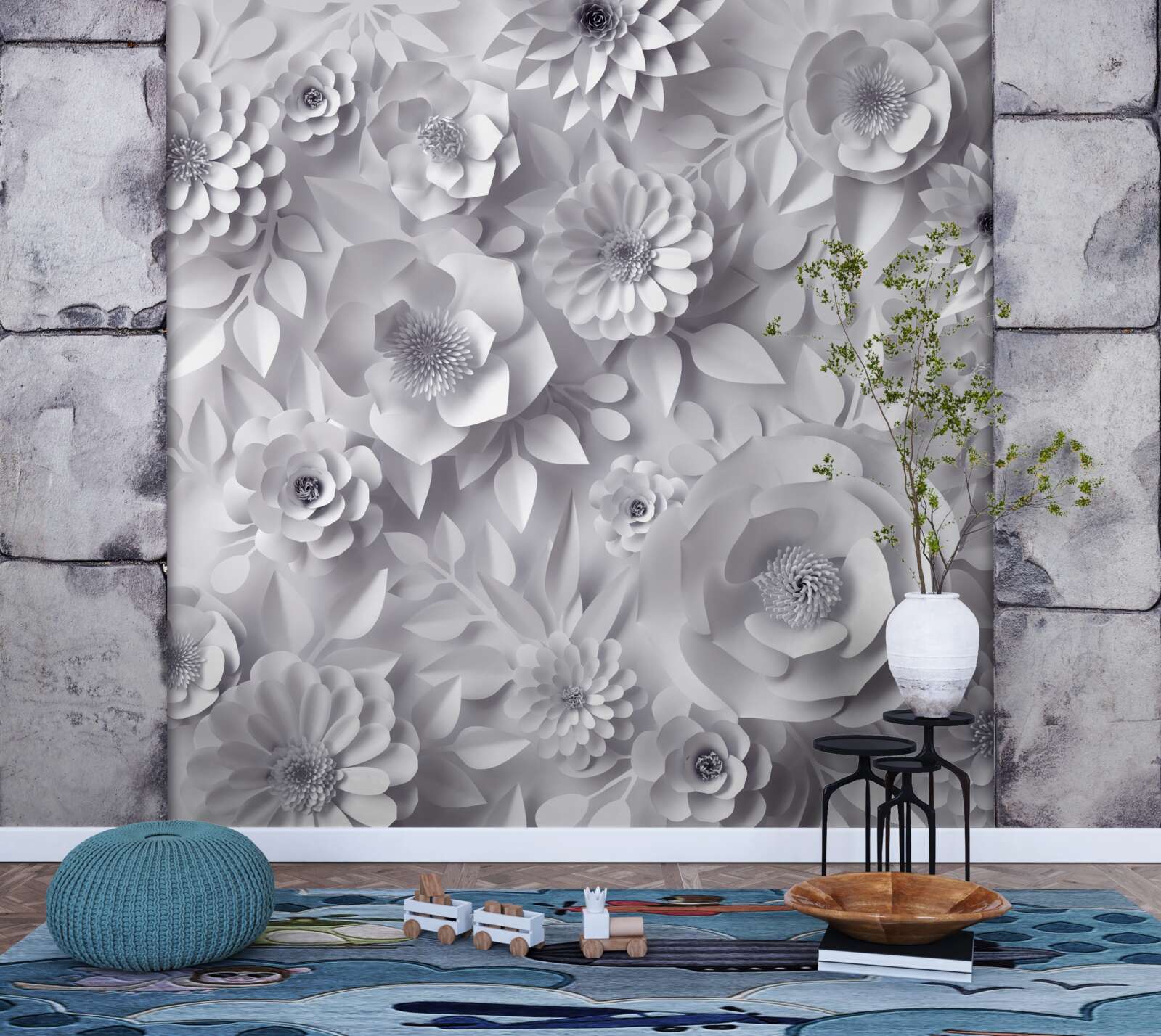 Fototapeta viacfarebné, trojrozmerné kvety boli umiestnené na tehlovom pozadí