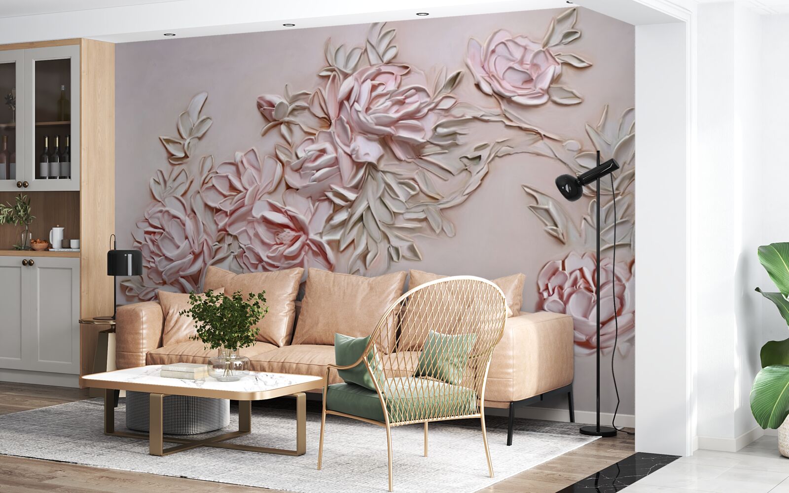 Fototapeta zelené listy na vetve ružových kvetov