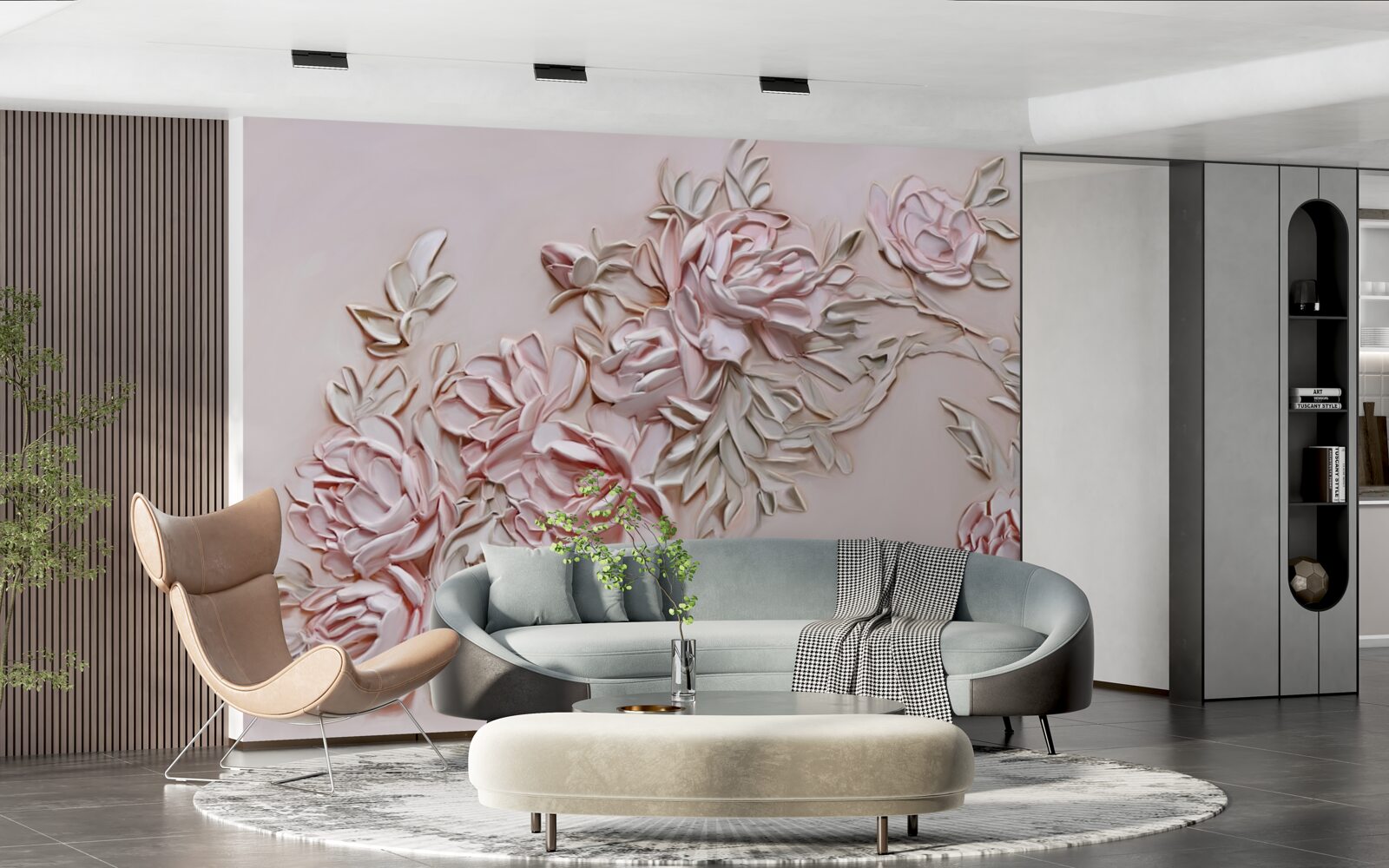 Fototapeta zelené listy na vetve ružových kvetov