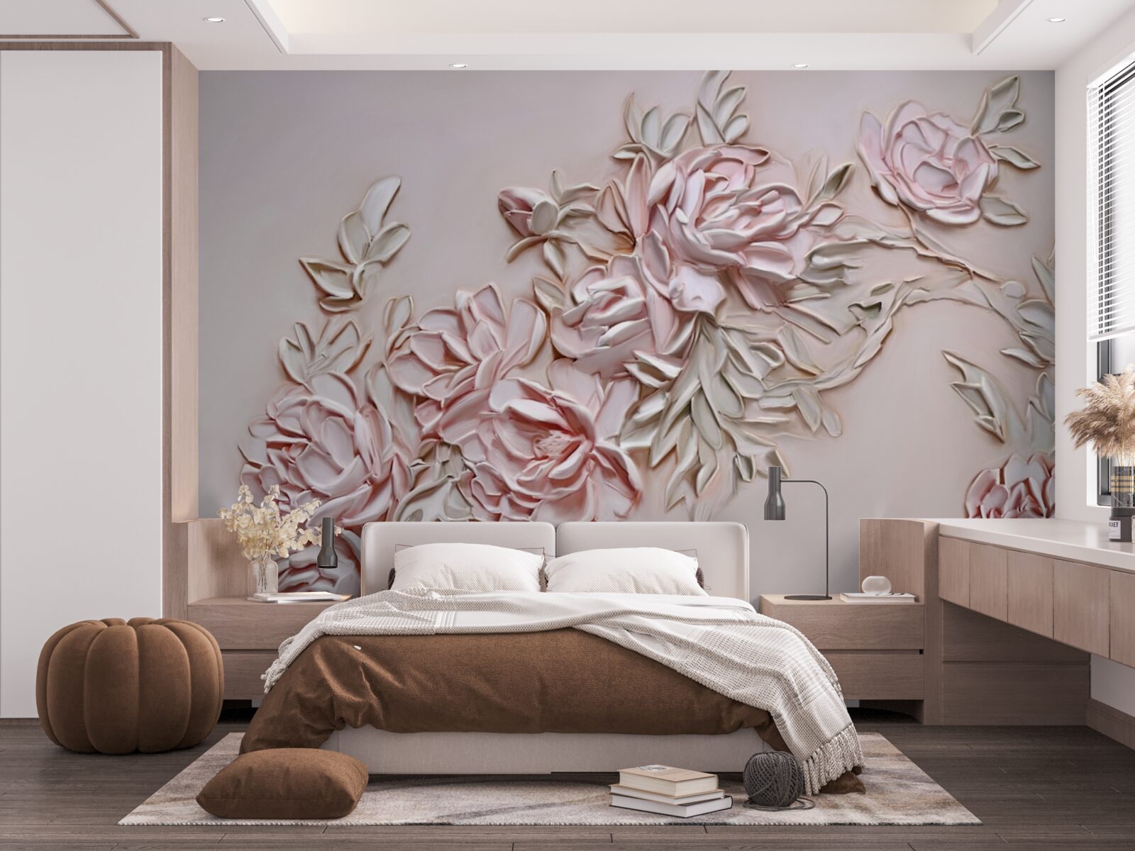 Fototapeta zelené listy na vetve ružových kvetov