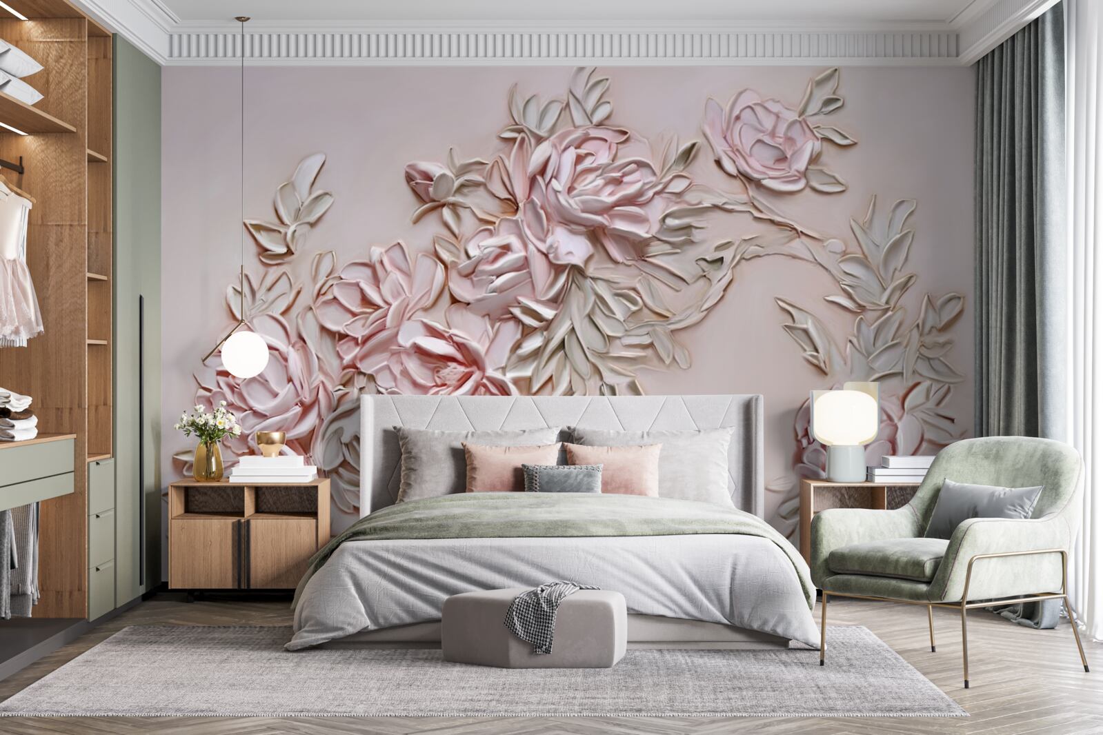 Fototapeta zelené listy na vetve ružových kvetov