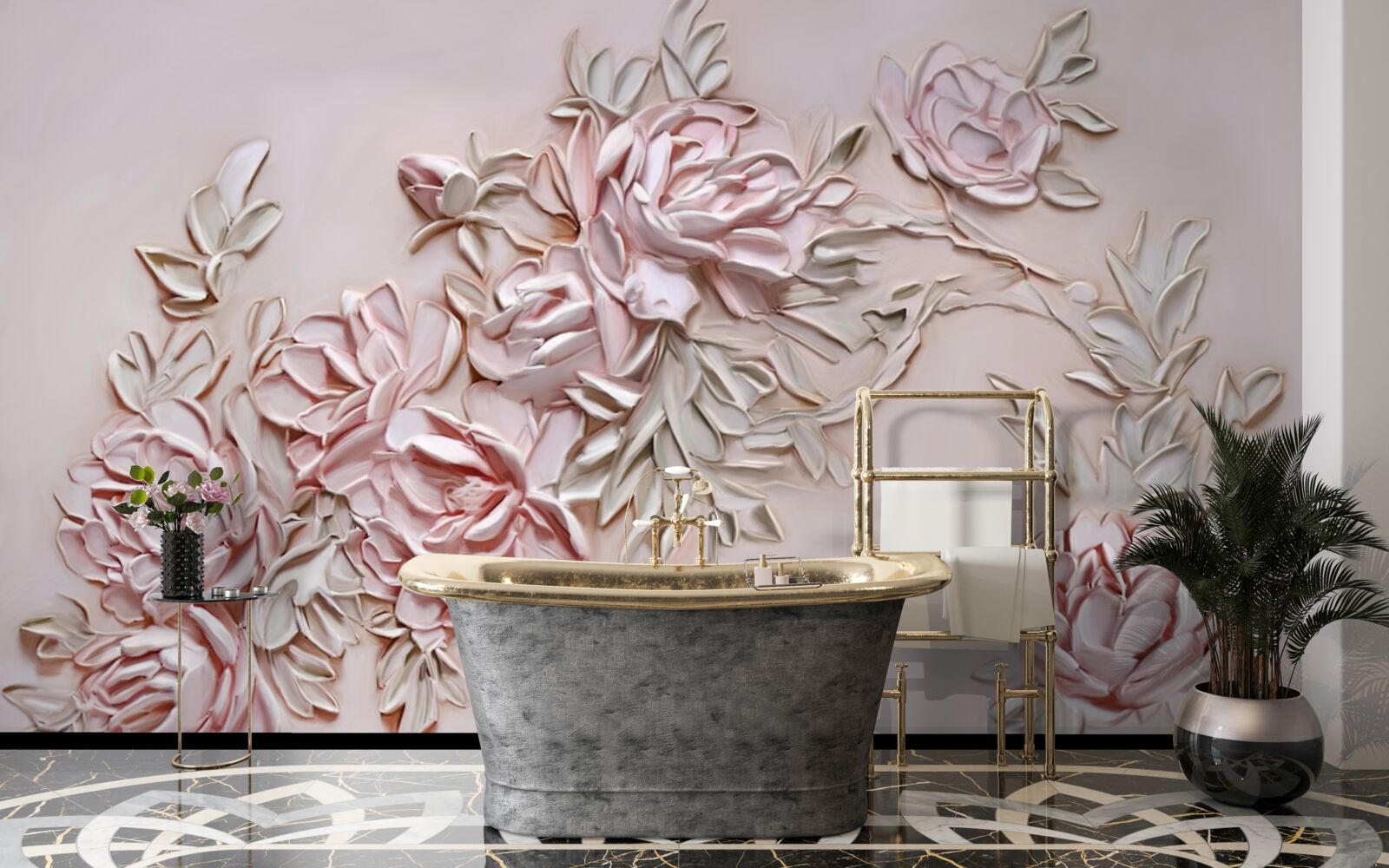 Fototapeta zelené listy na vetve ružových kvetov