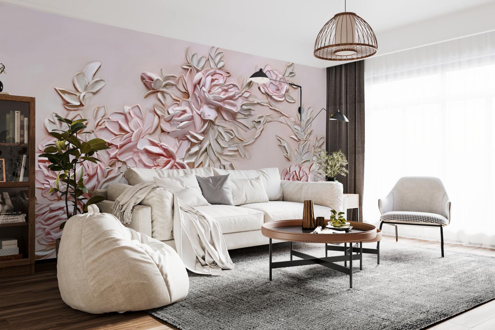 Fototapeta zelené listy na vetve ružových kvetov