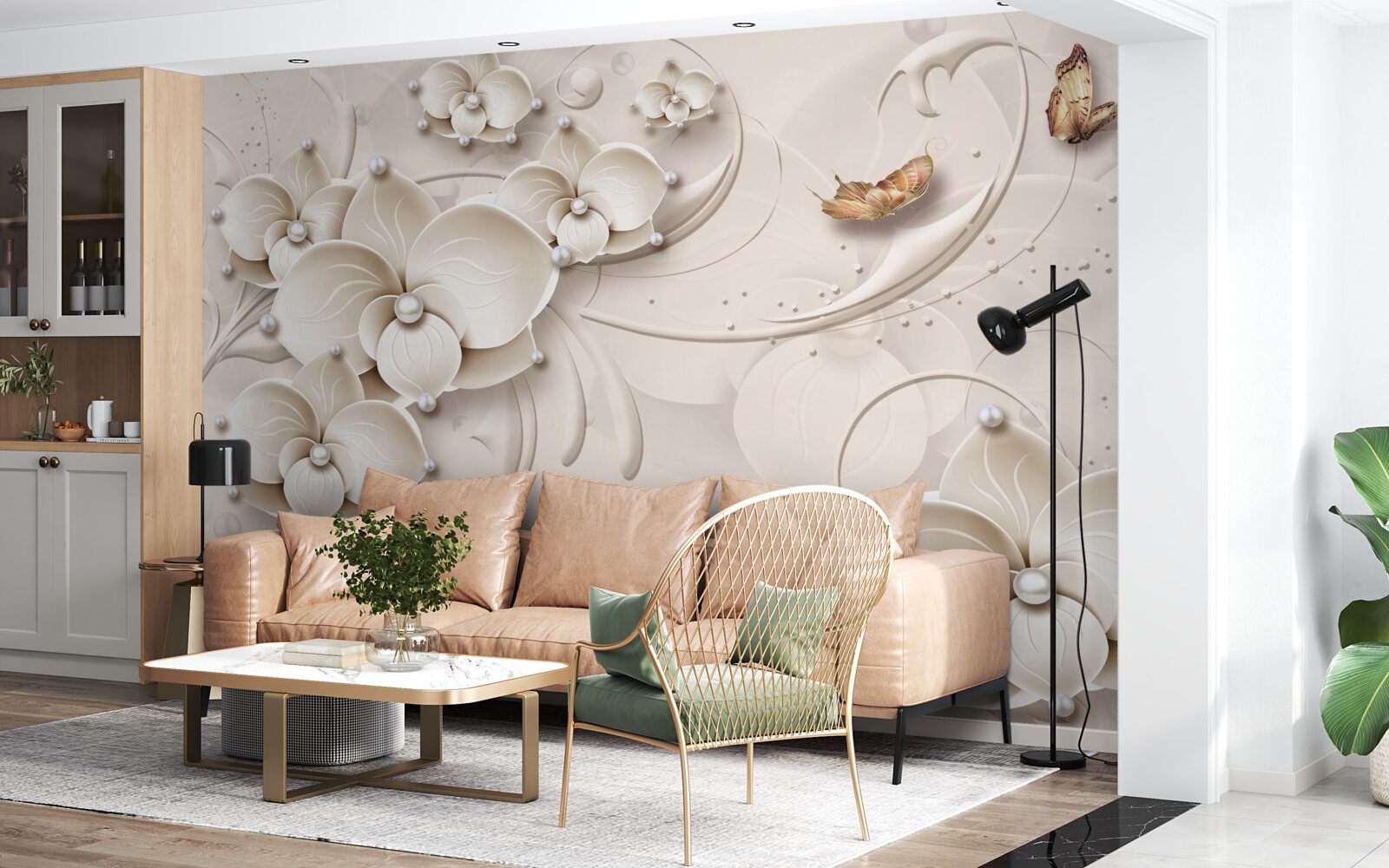 Fototapeta motýle a konáre snehovo bielej orchidey