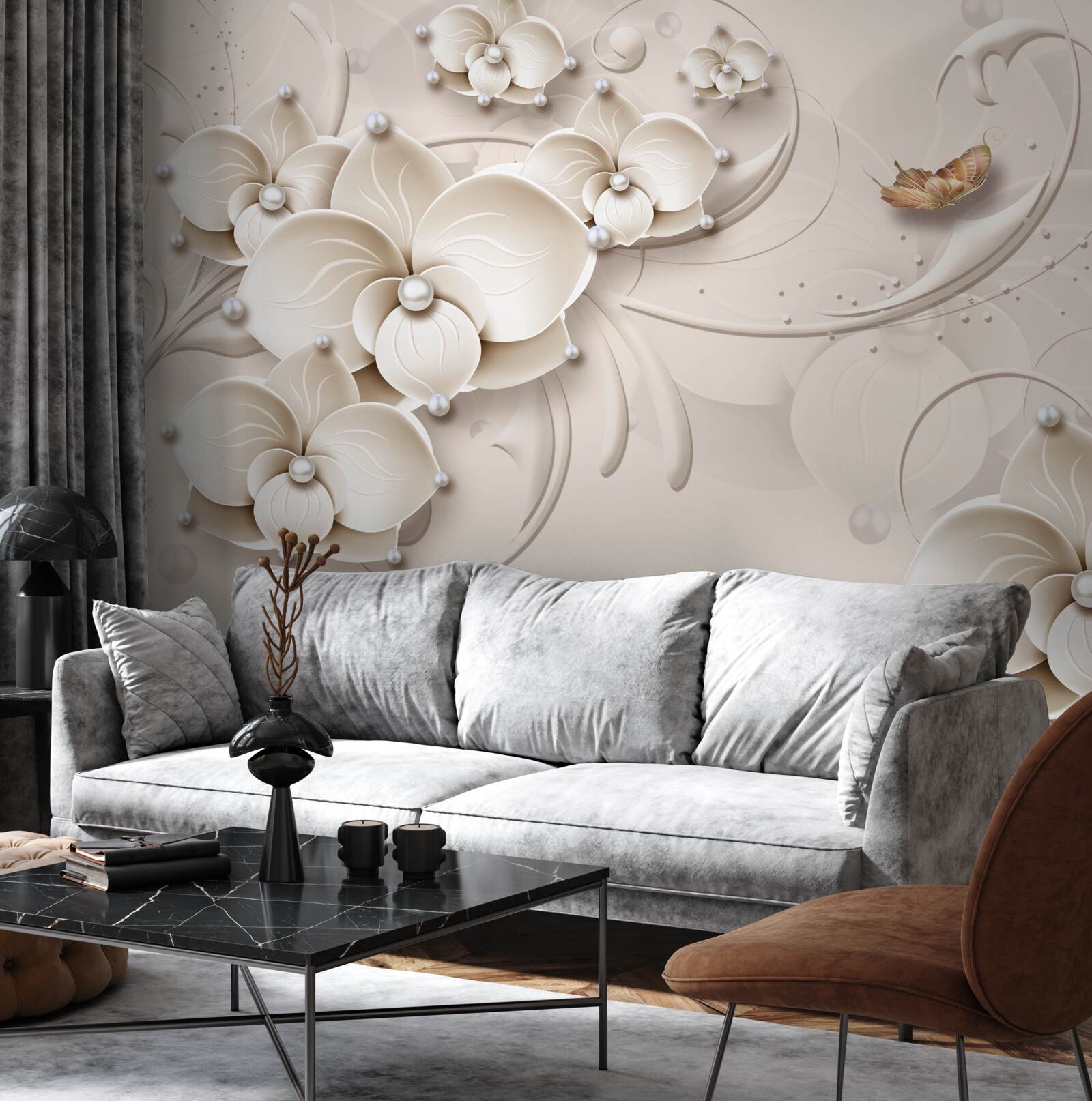 Fototapeta motýle a konáre snehovo bielej orchidey