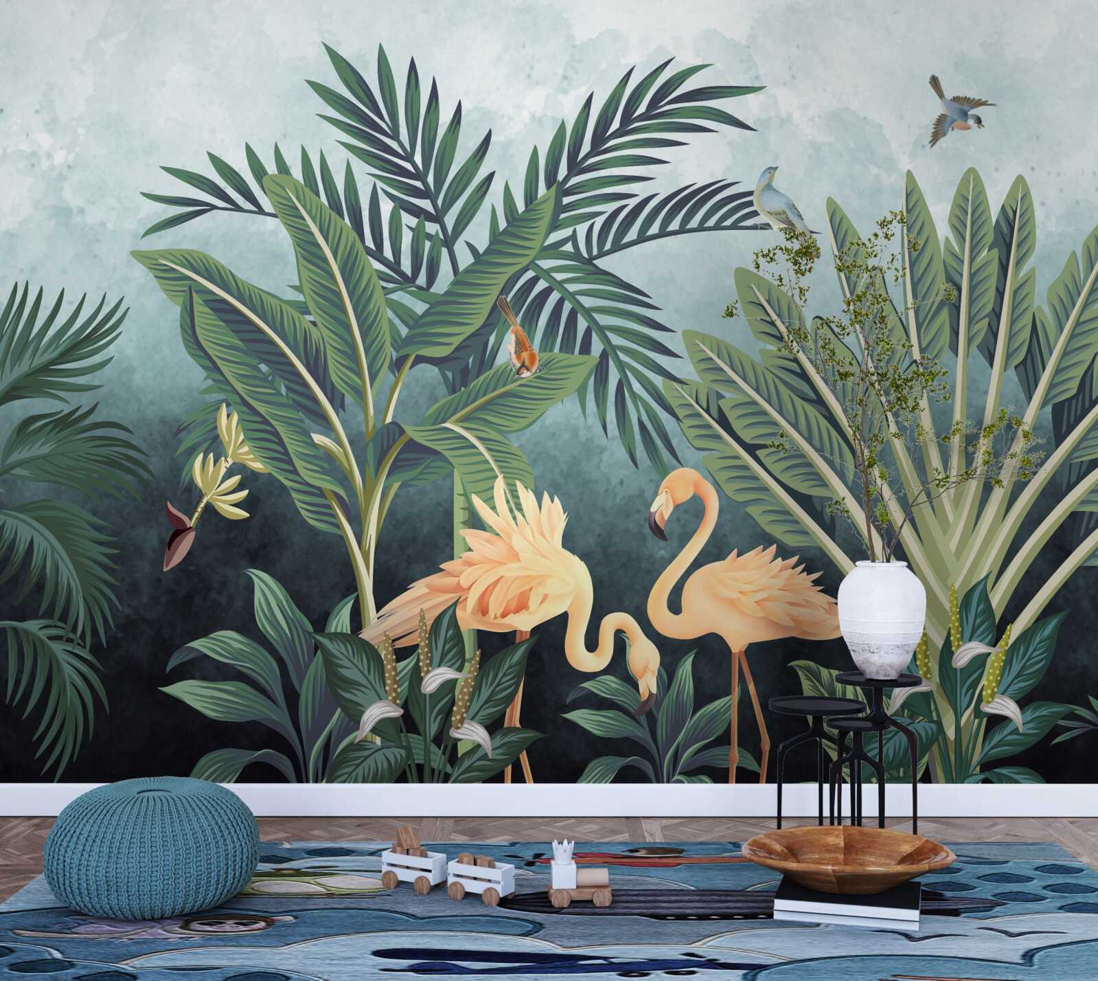 Fototapeta ružové plameniaky žiaria na vode v džungli