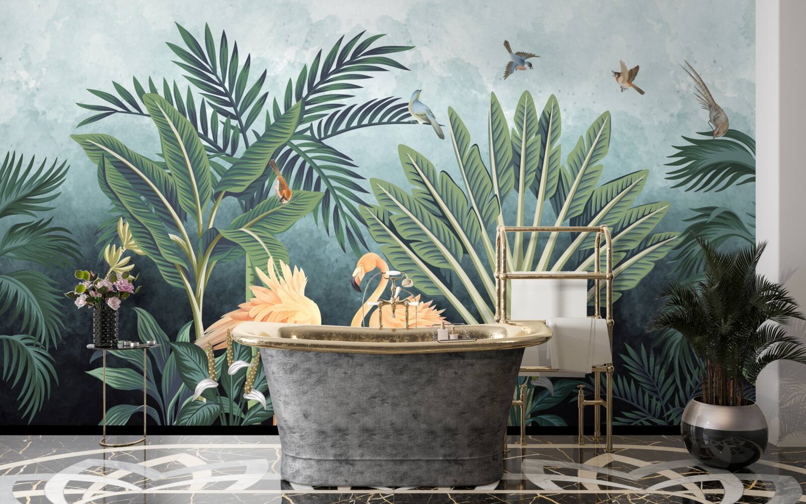 Fototapeta ružové plameniaky žiaria na vode v džungli