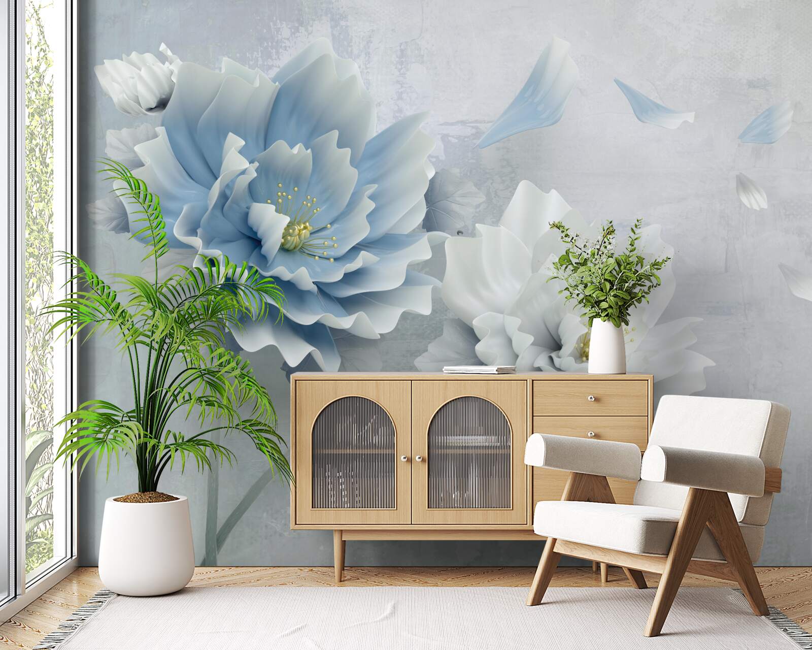 Fototapeta abstraktný obraz bieleho a modrého kvetu na pozadí hôr