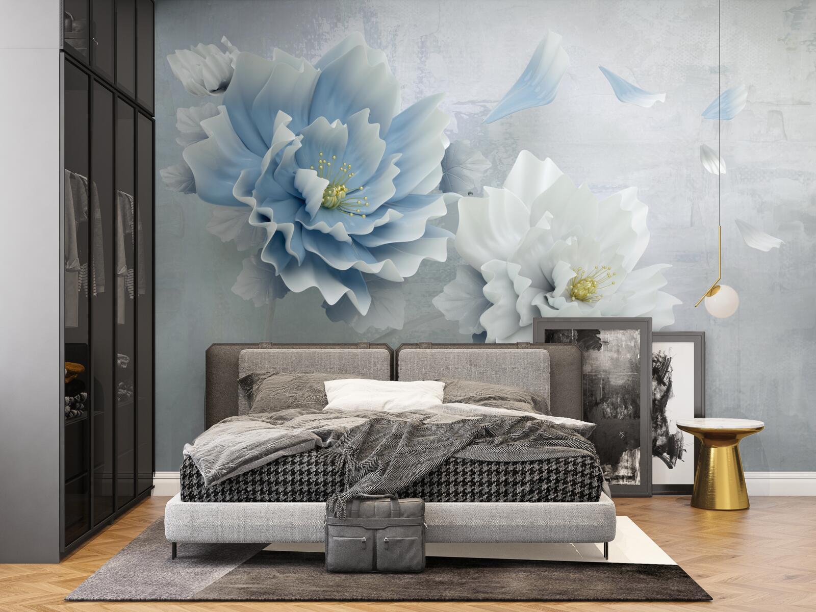 Fototapeta abstraktný obraz bieleho a modrého kvetu na pozadí hôr