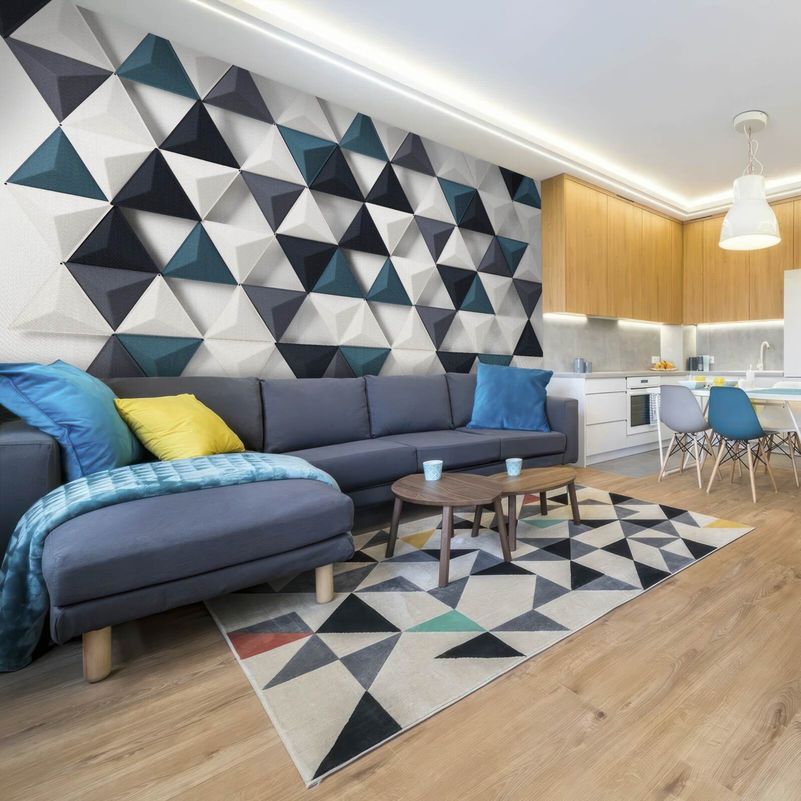 Fototapeta objemové trojuholníky v bielych a smaragdových odtieňoch