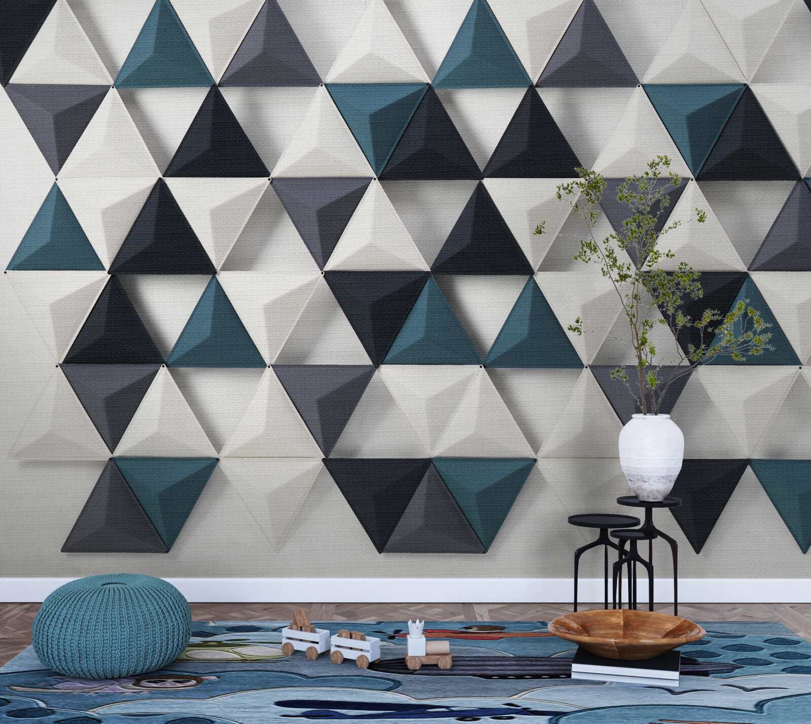 Fototapeta objemové trojuholníky v bielych a smaragdových odtieňoch