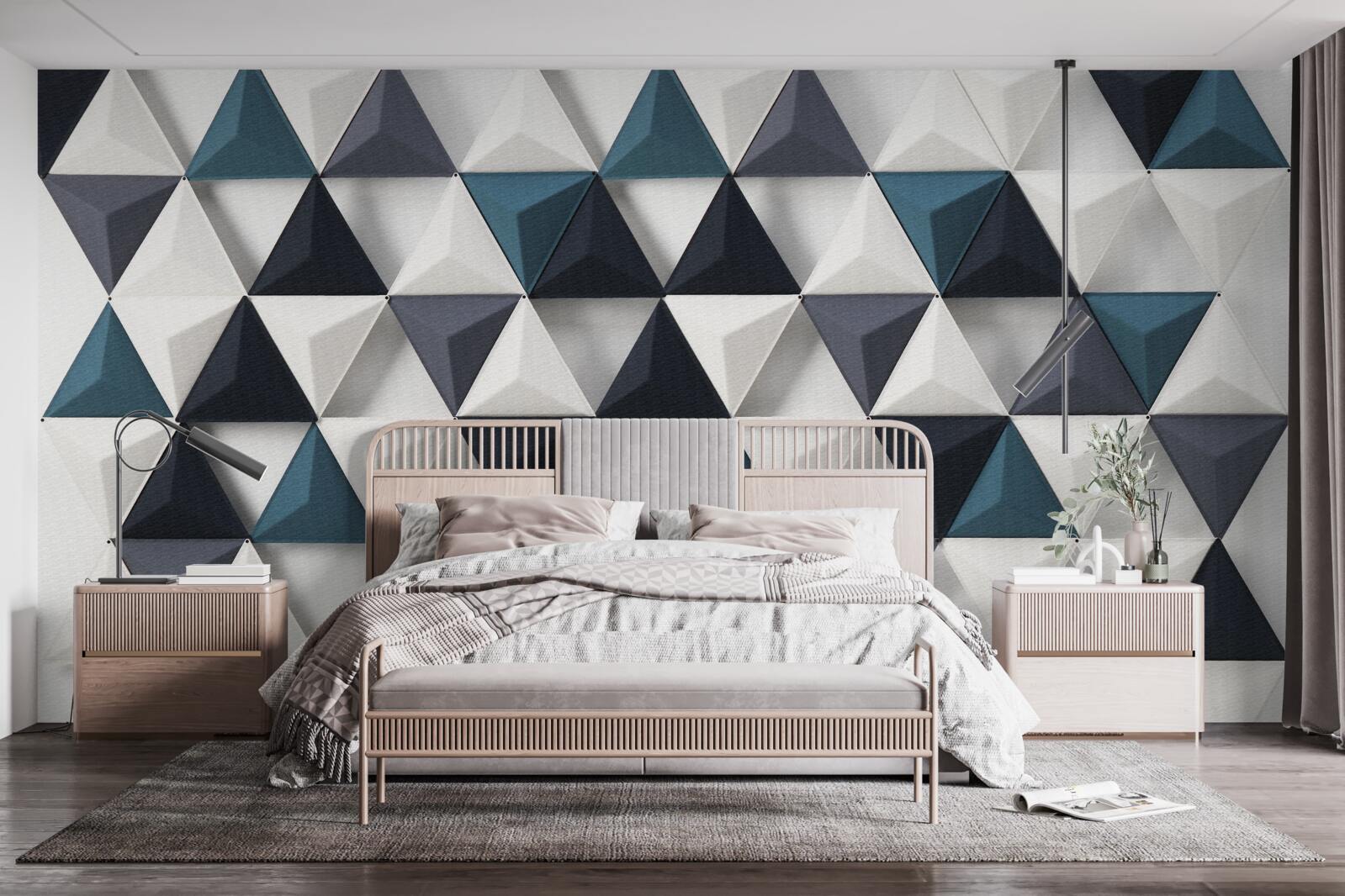 Fototapeta objemové trojuholníky v bielych a smaragdových odtieňoch