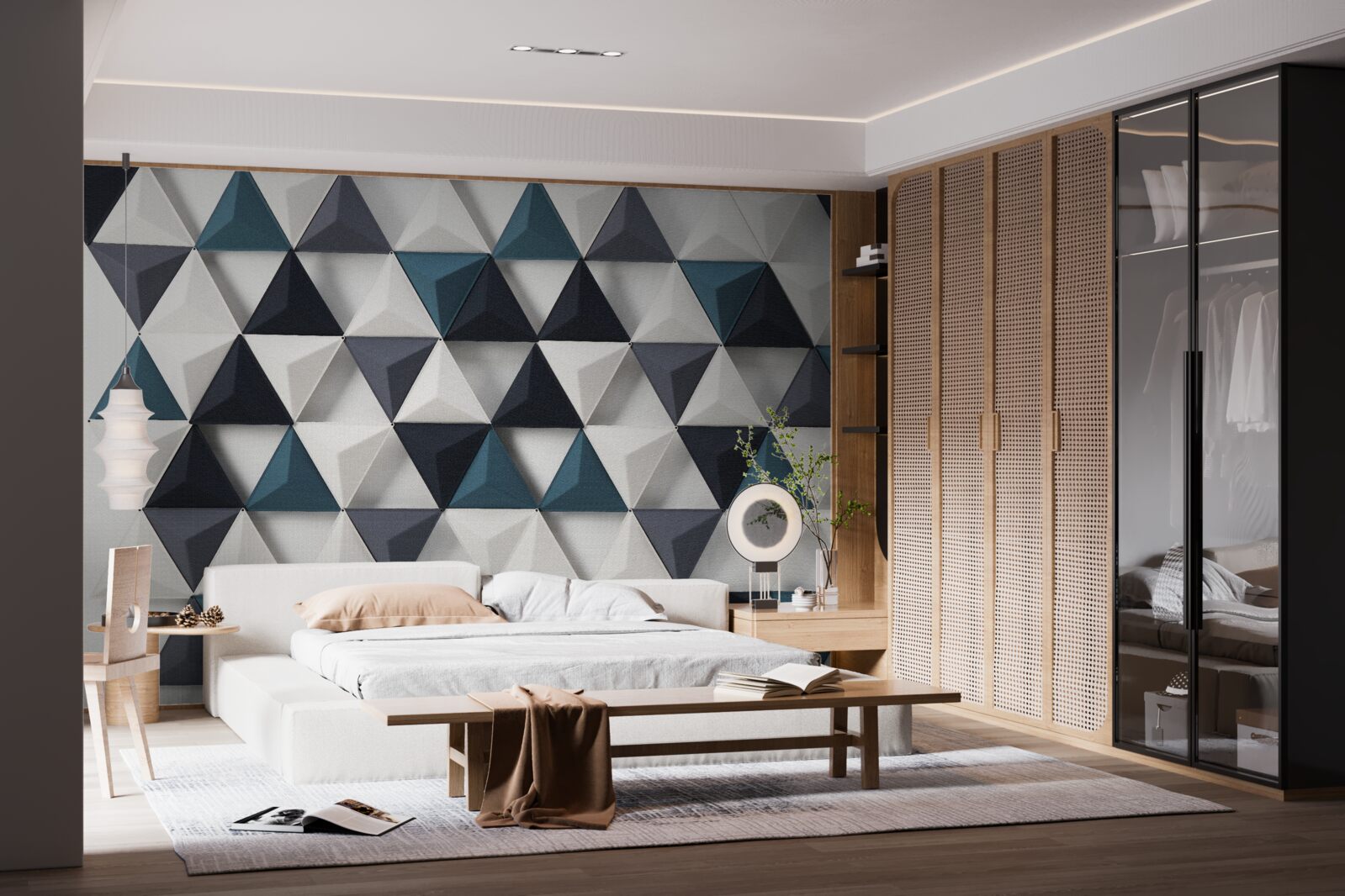 Fototapeta objemové trojuholníky v bielych a smaragdových odtieňoch