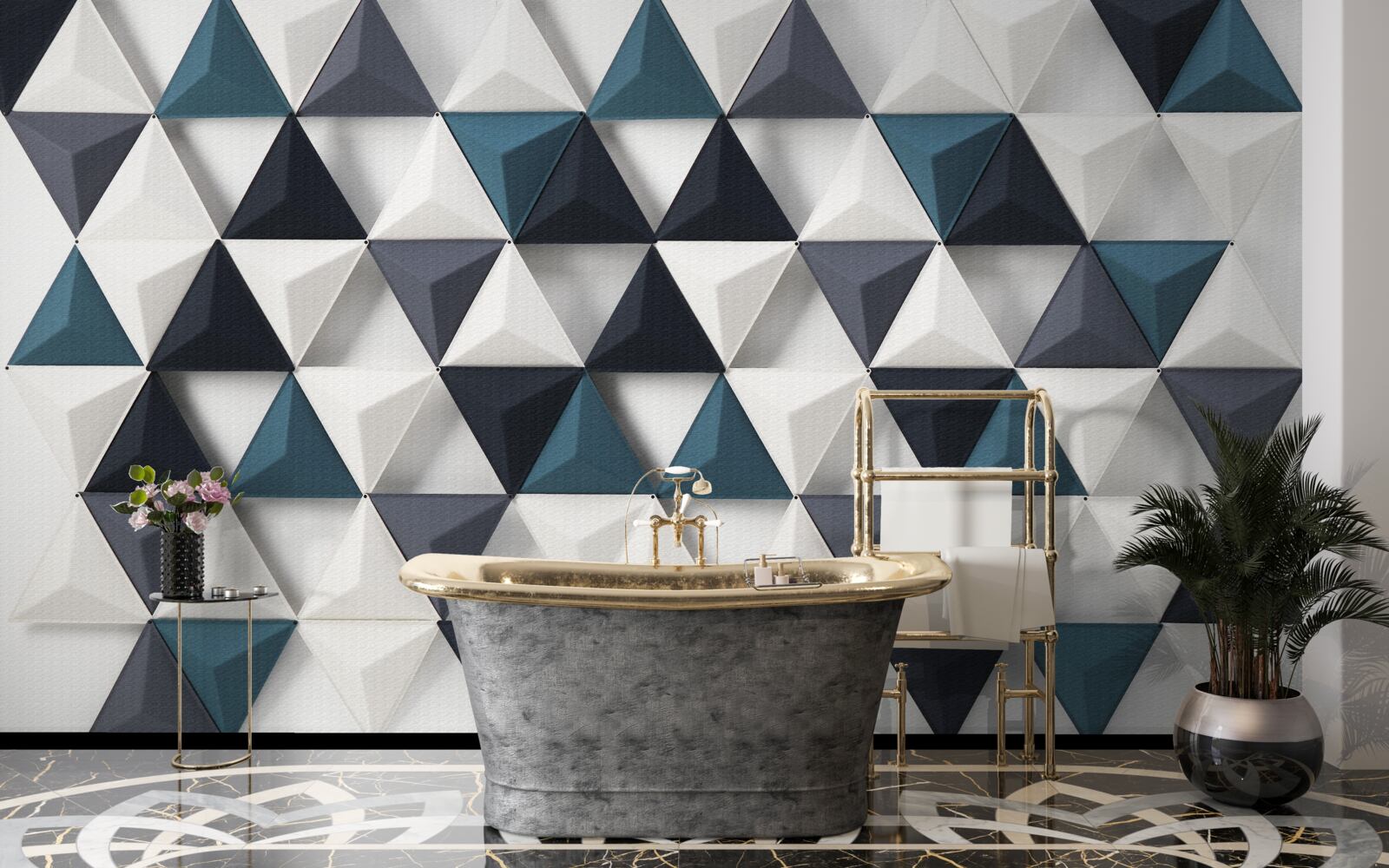 Fototapeta objemové trojuholníky v bielych a smaragdových odtieňoch